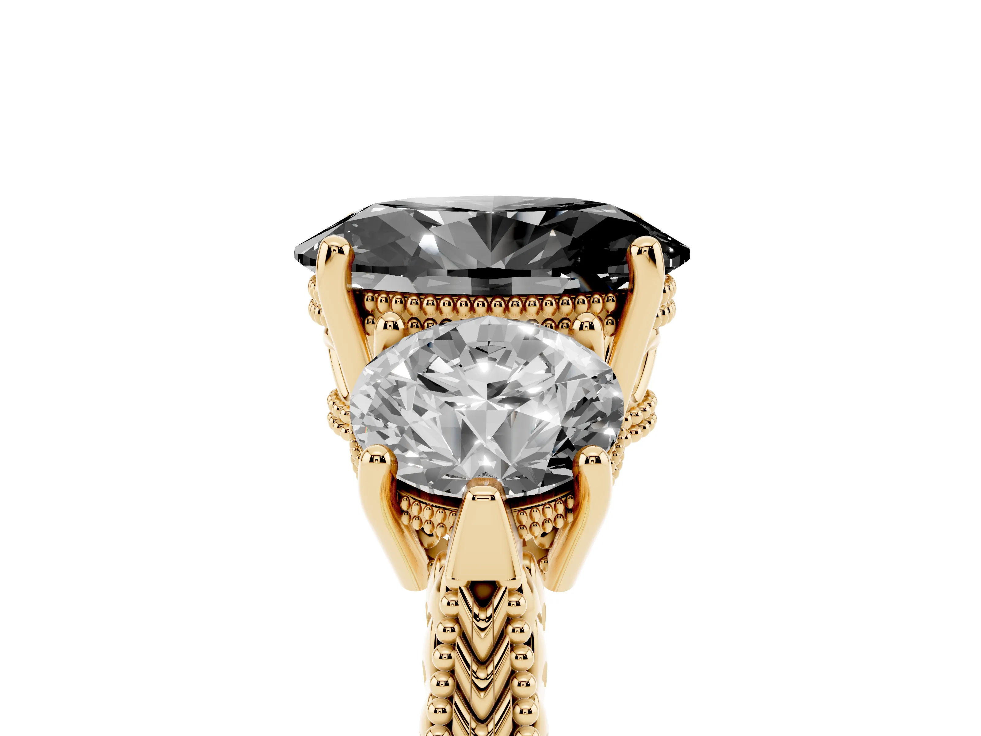 Fancy Black Oval Cut Diamond Three-Stone Ring Set in Yellow gold with Milgrain Band
