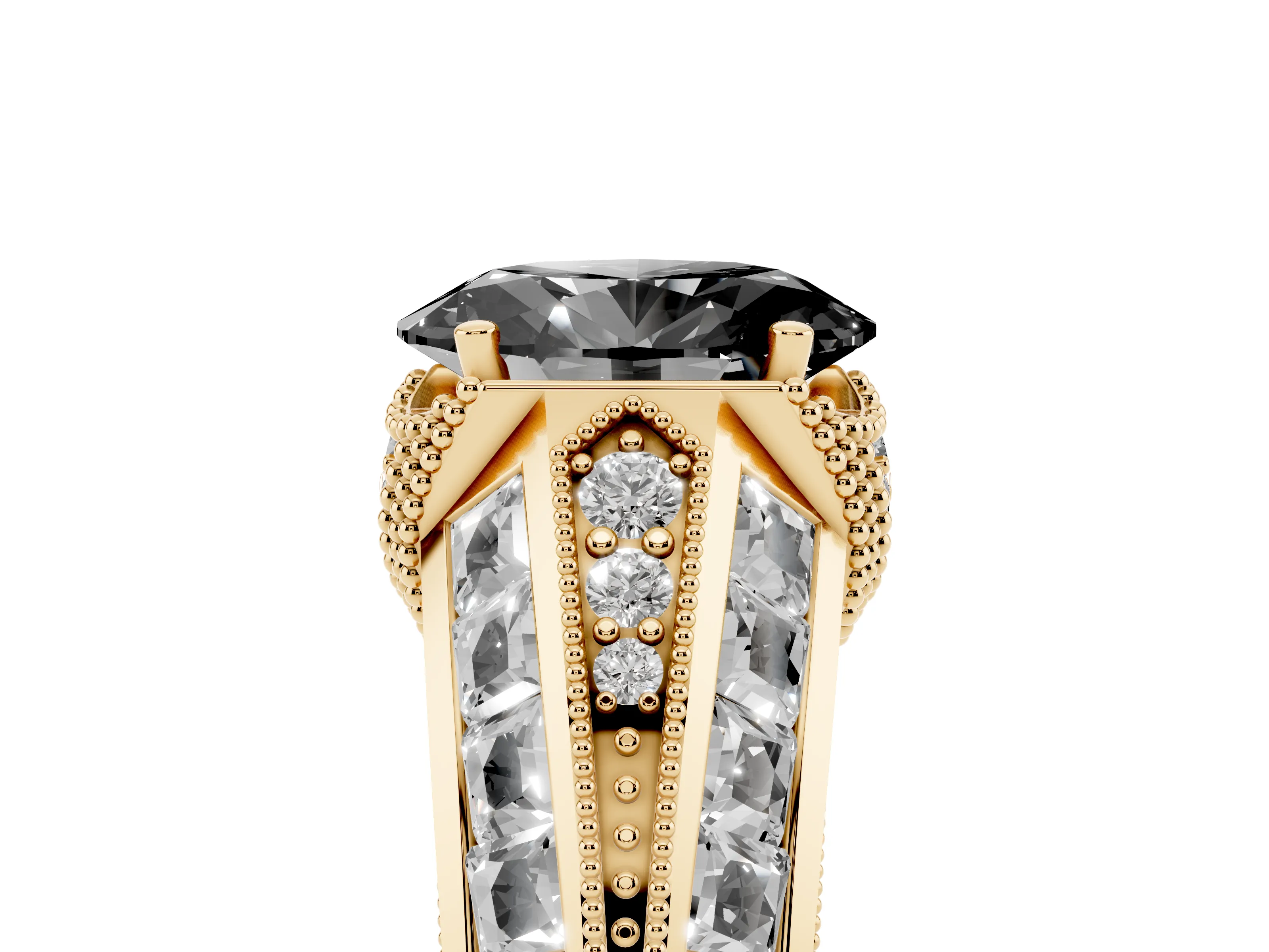 Fancy Black Oval Cut Diamond Vintage-Inspired Milgrain Ring Set in Yellow gold with Accent Split Shank
