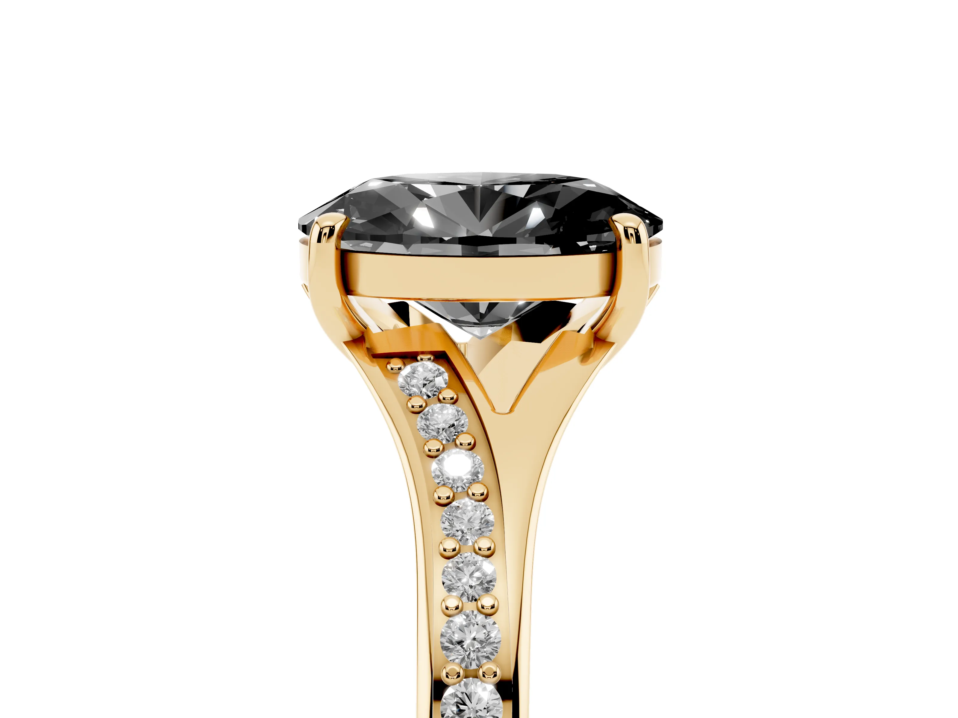 Fancy Black Oval Cut Diamond Solitaire Ring Set in Yellow gold with Pavé Accent Band and Classic Prong Setting