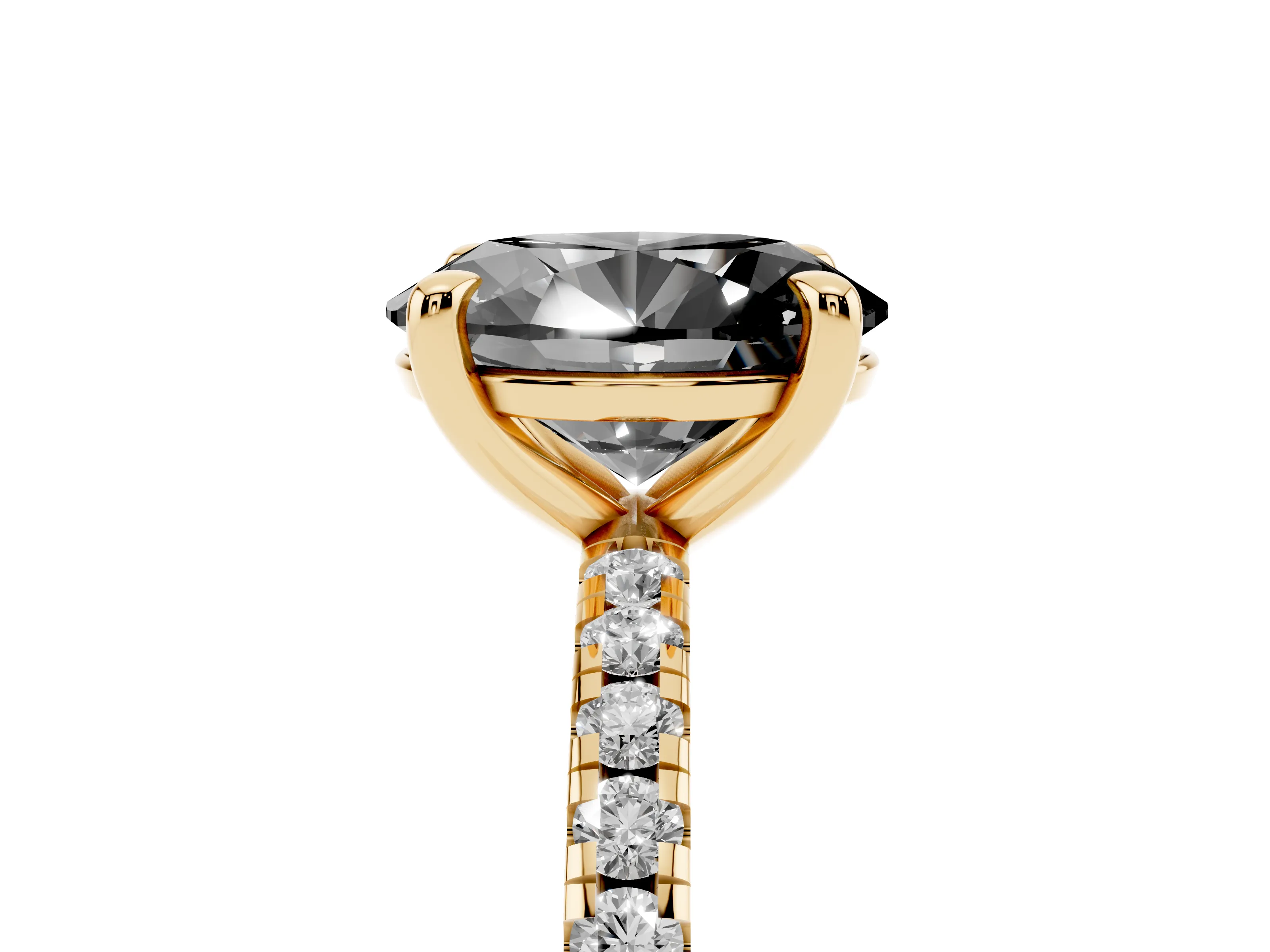 Fancy Black Oval Cut Diamond Brilliant Solitaire Ring Set in Yellow gold with Pavé Band and Prong Setting