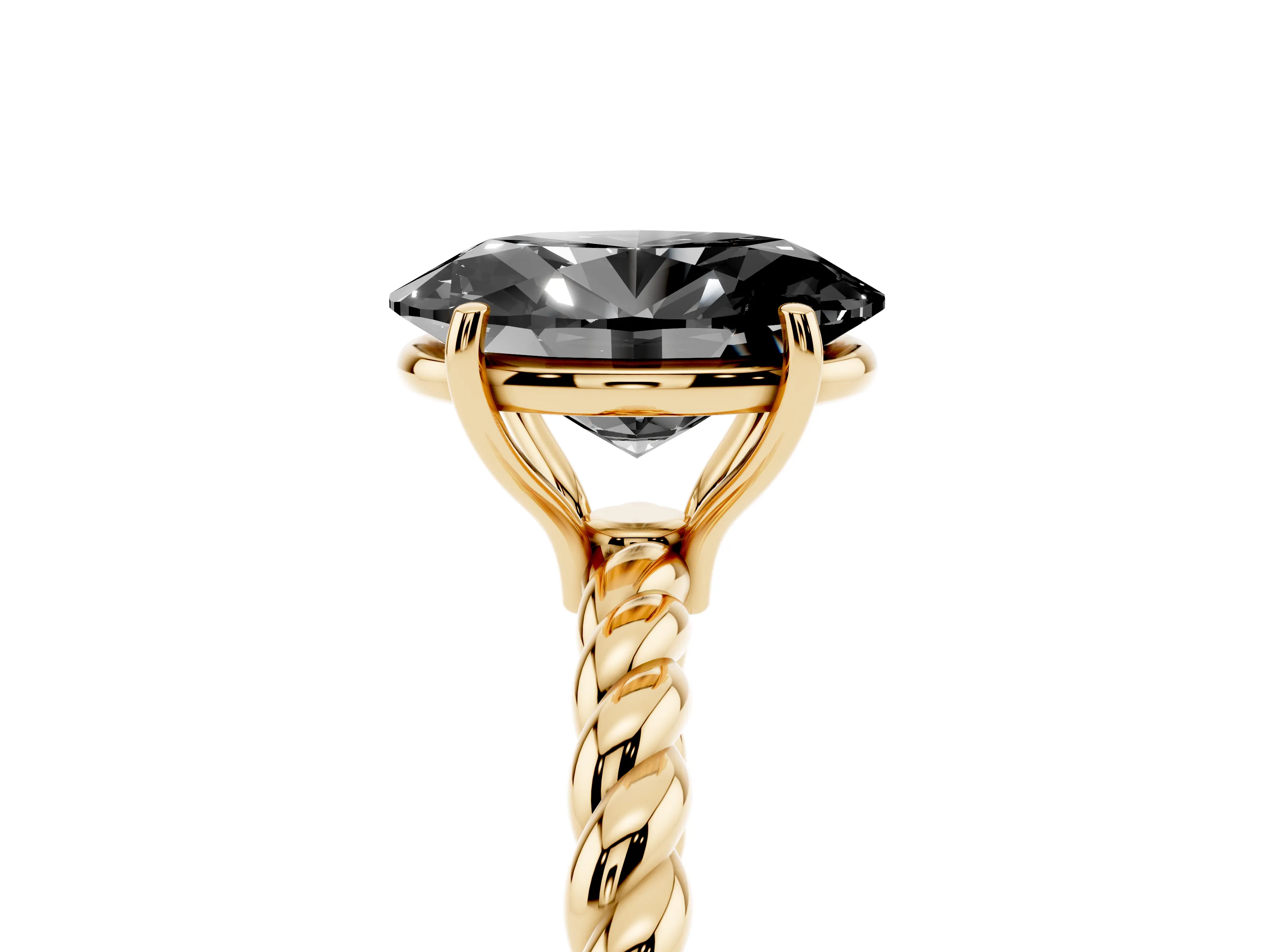 Fancy Black Oval Cut Diamond Solitaire Twisted Band Ring Set in Yellow gold with Prong Solitaire Setting
