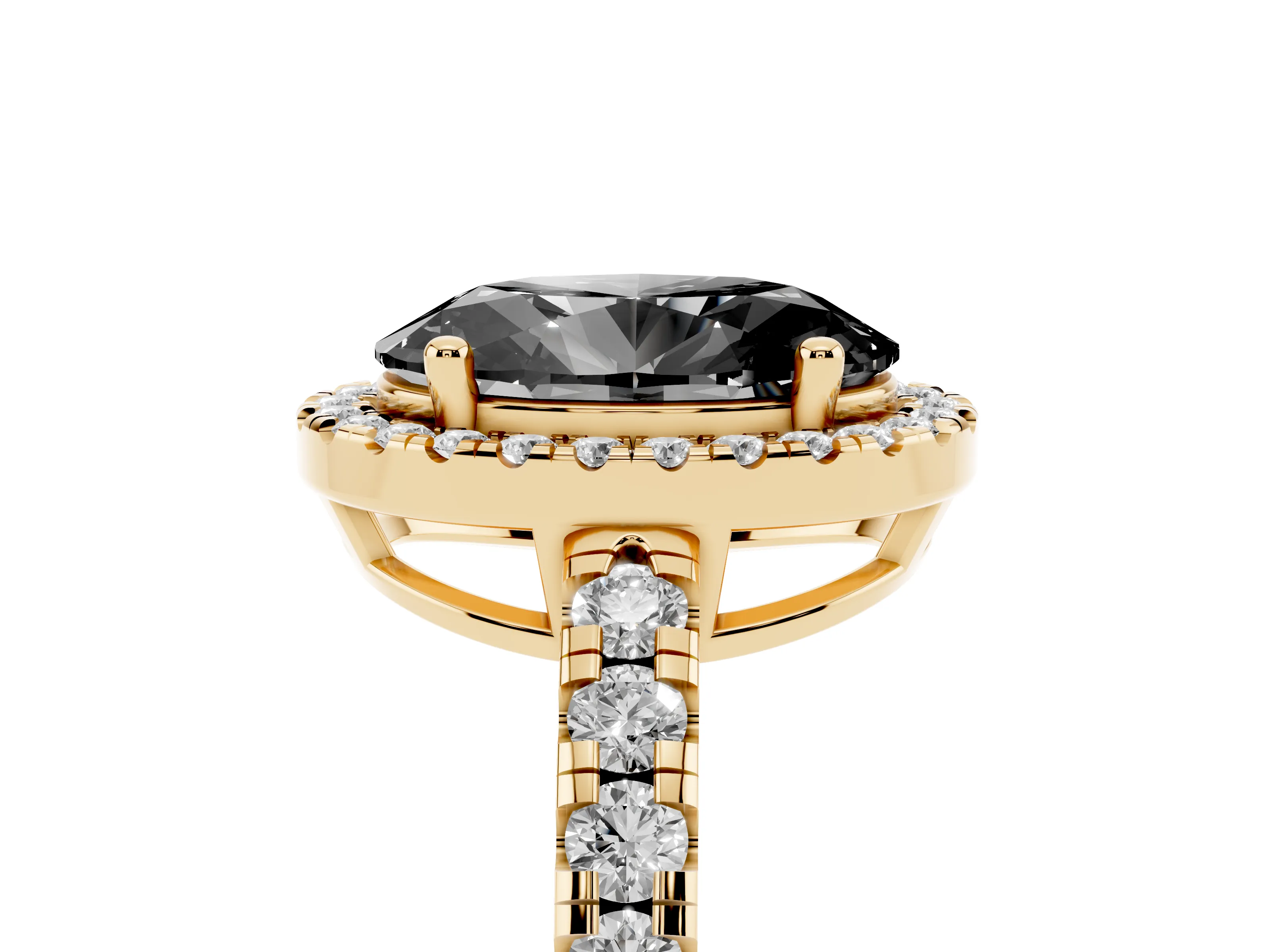 Fancy Black Oval Cut Diamond Halo Ring Set in Yellow gold with Delicate Pavé Band and Prong Setting