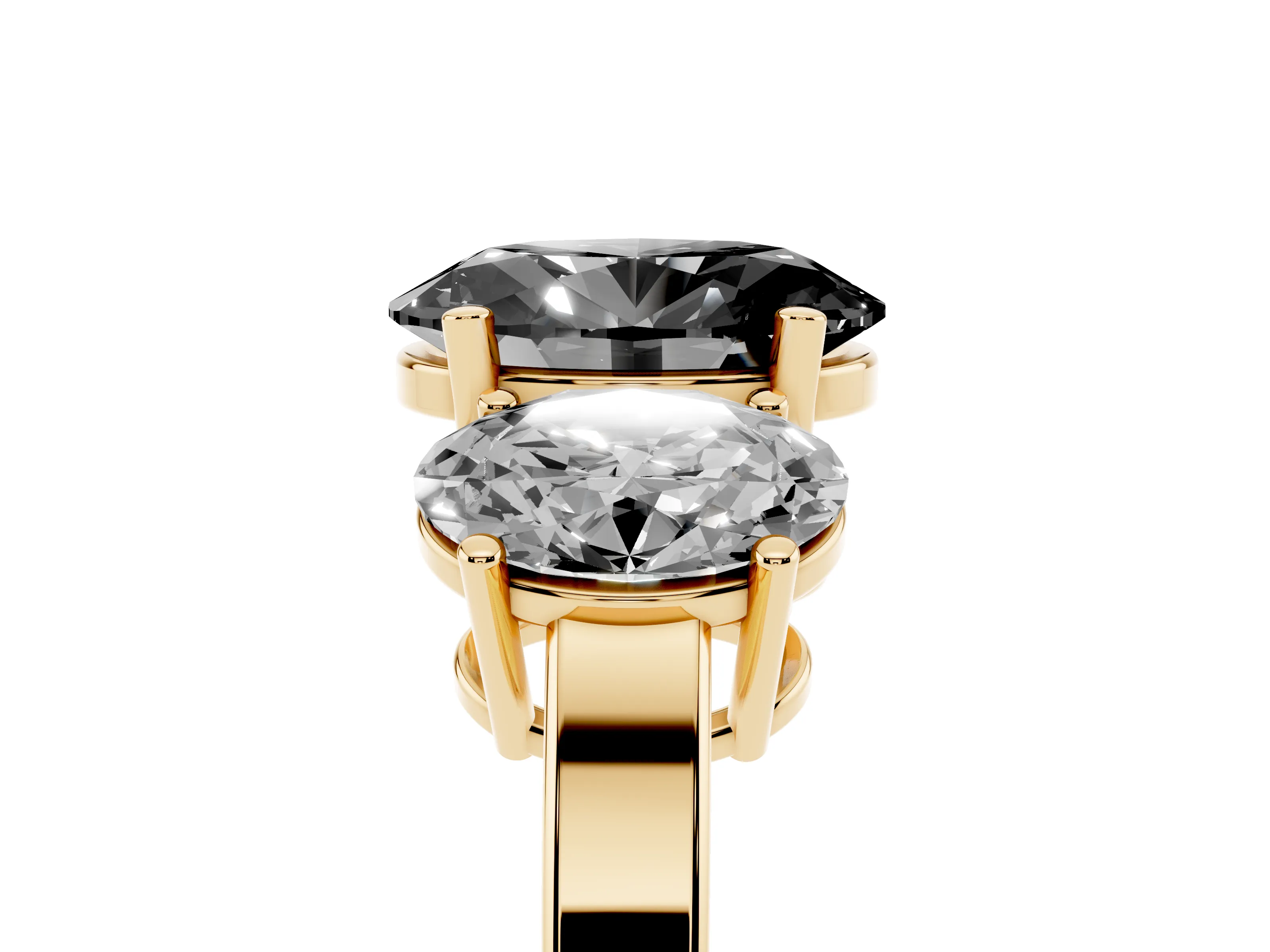 Fancy Black Oval Cut Diamond Three-Stone Engagement Ring Set in Yellow gold with Flat Band
