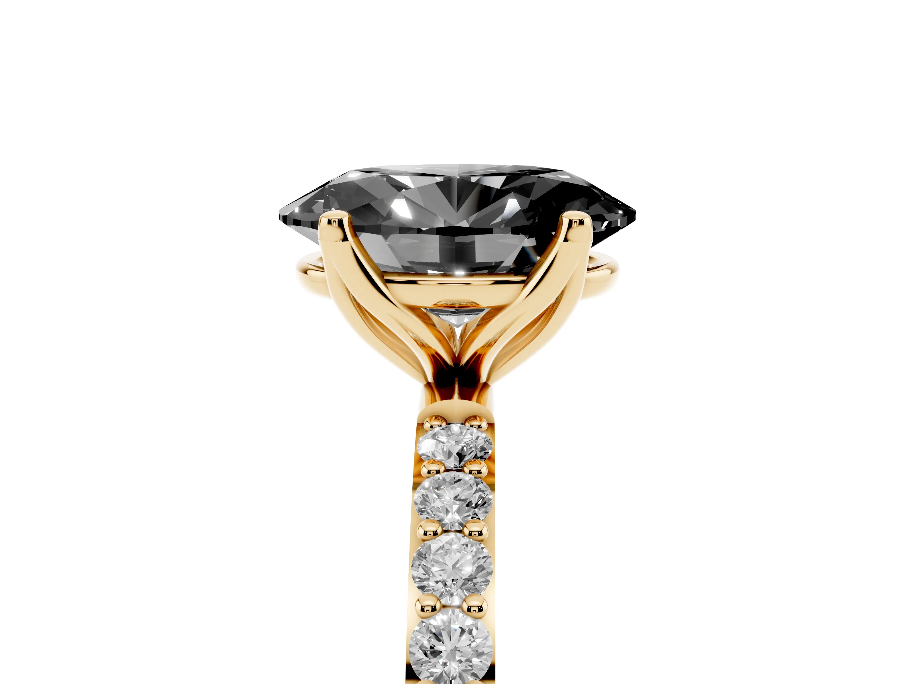 Fancy Black Oval Cut Diamond Solitaire Engagement Ring Set in Yellow gold with Round Pavé Band and Prong Setting