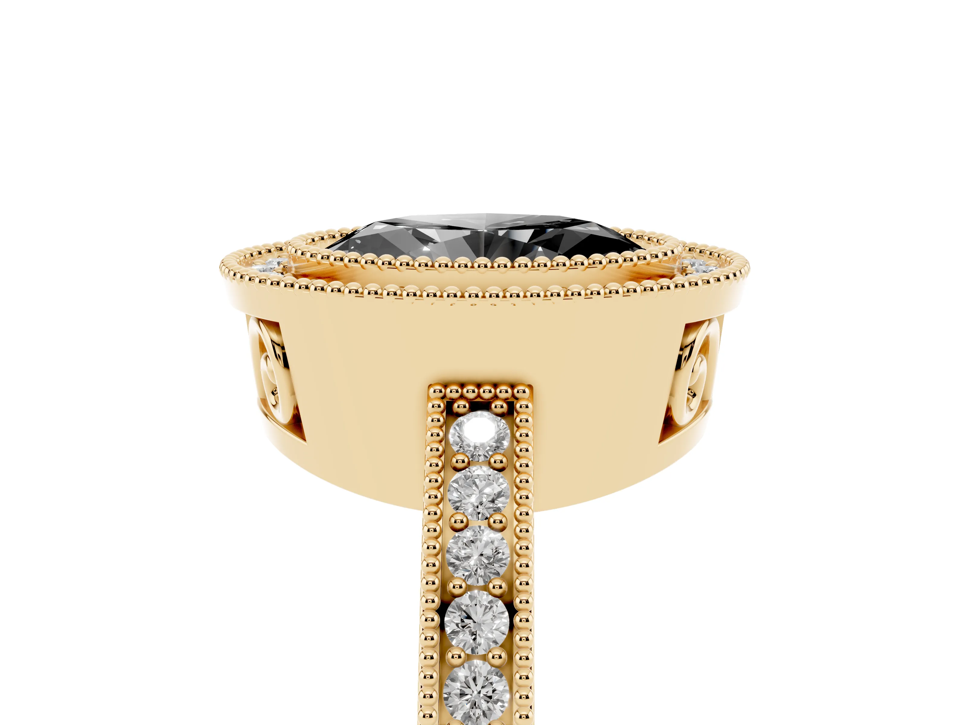 Fancy Black Oval Cut Diamond Round Halo Ring Set in Yellow gold with Pavé Band