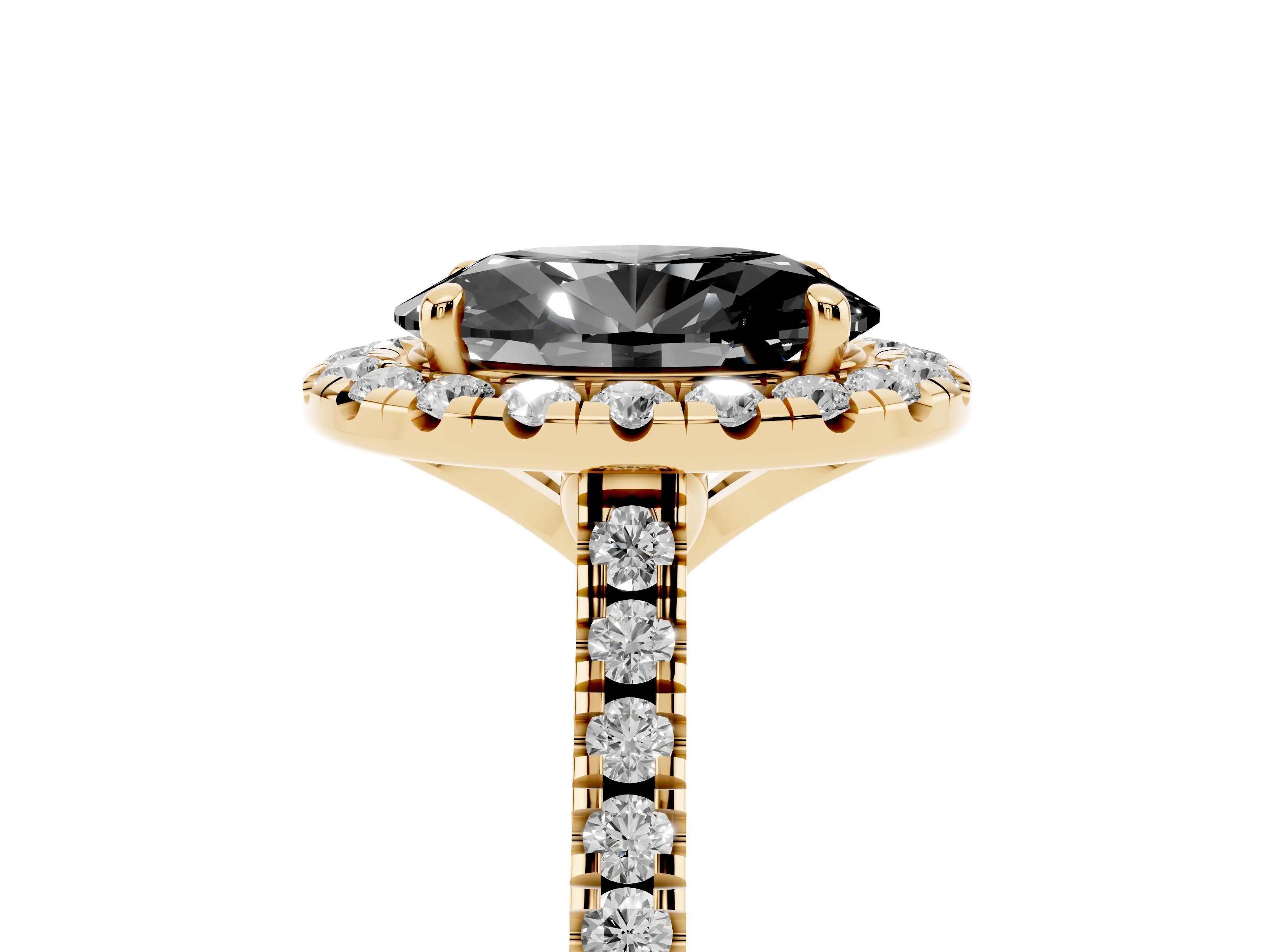 Fancy Black Oval Cut Diamond Cushion Halo Ring Set in Yellow gold with Pavé Band
