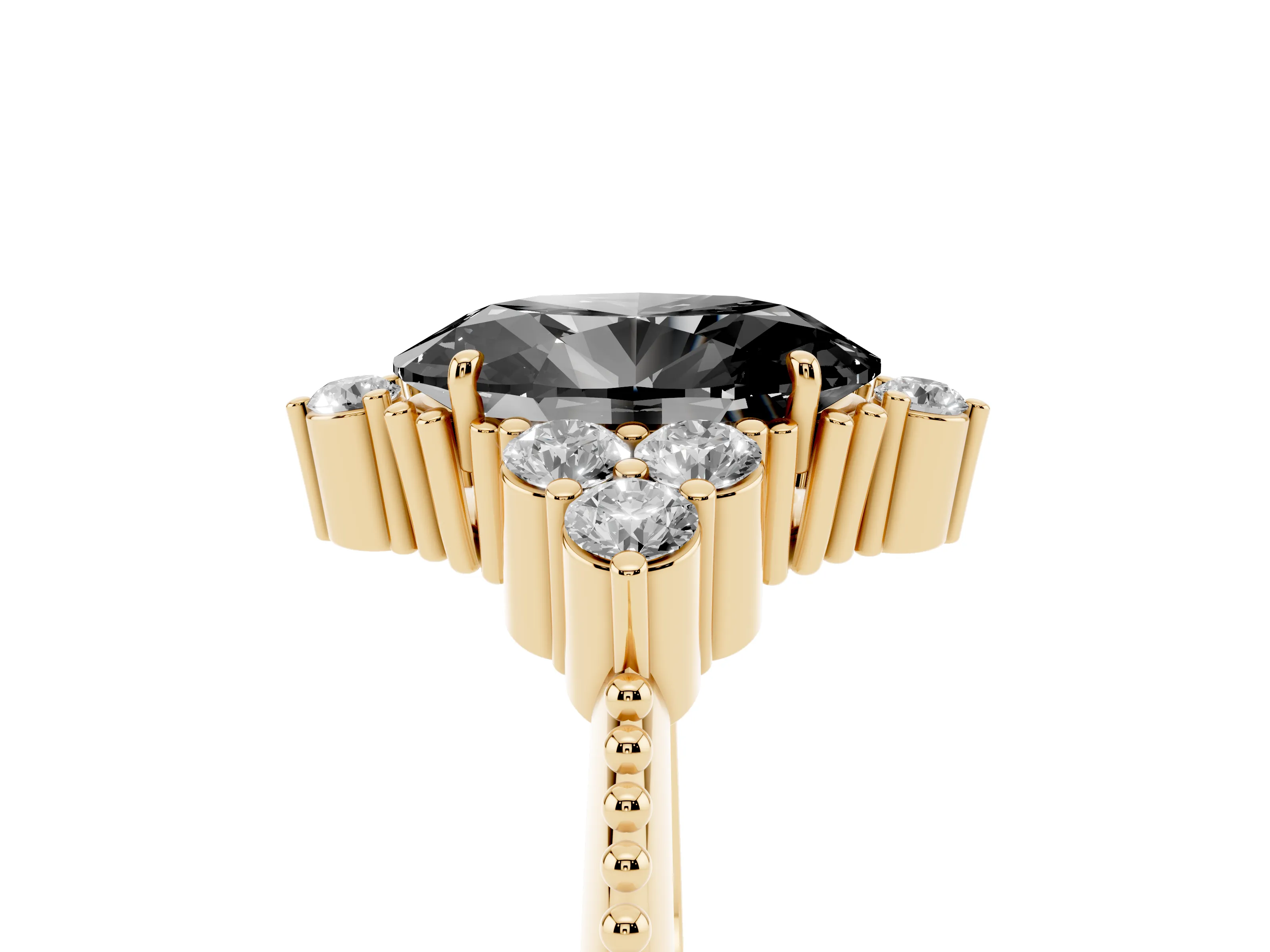Fancy Black Oval Cut Diamond Cluster Ring Set in Yellow gold with Beaded Band