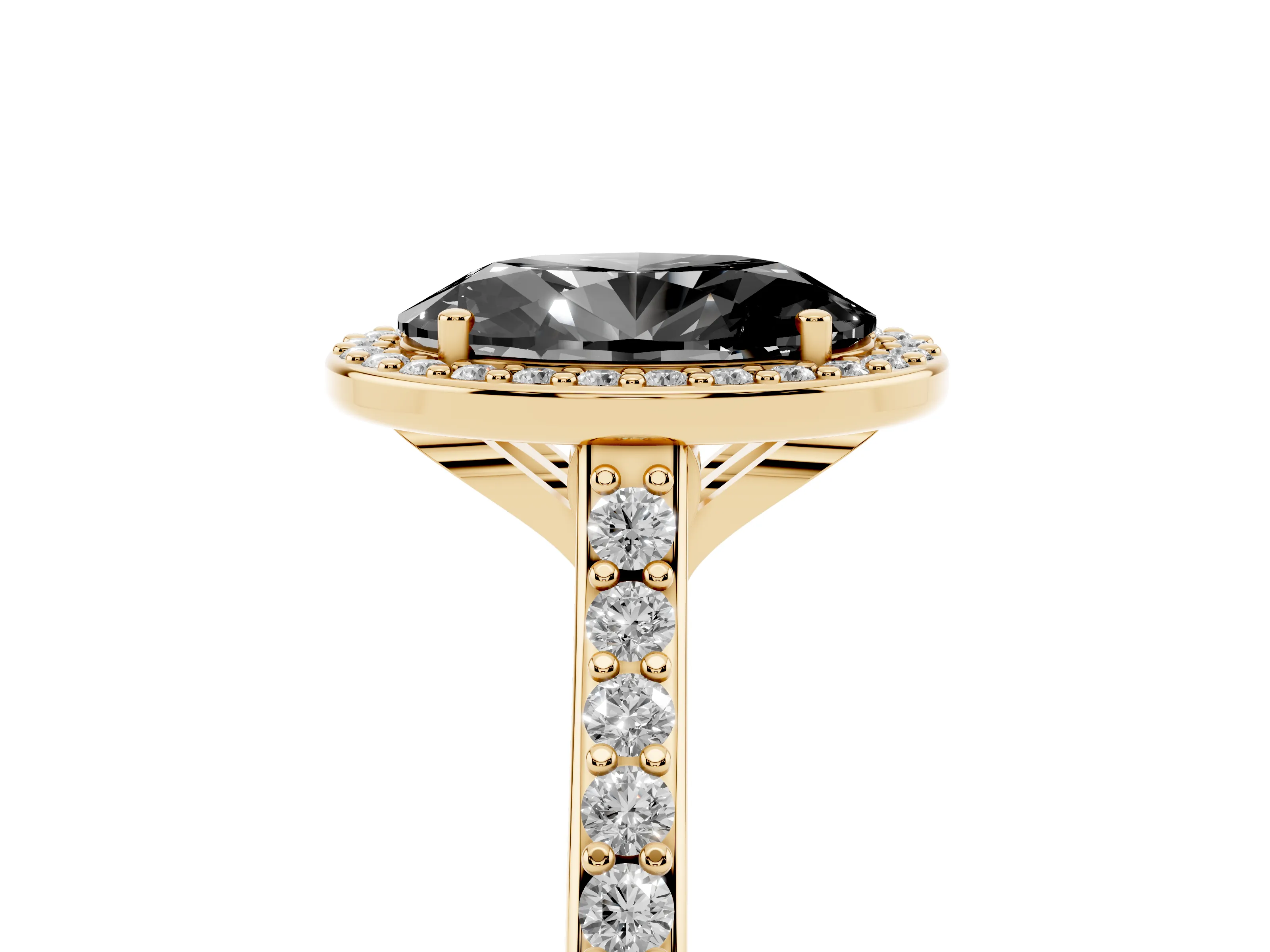 Fancy Black Oval Cut Diamond Halo Engagement Ring Set in Yellow gold with Round Pavé Shoulders and Heart Gallery