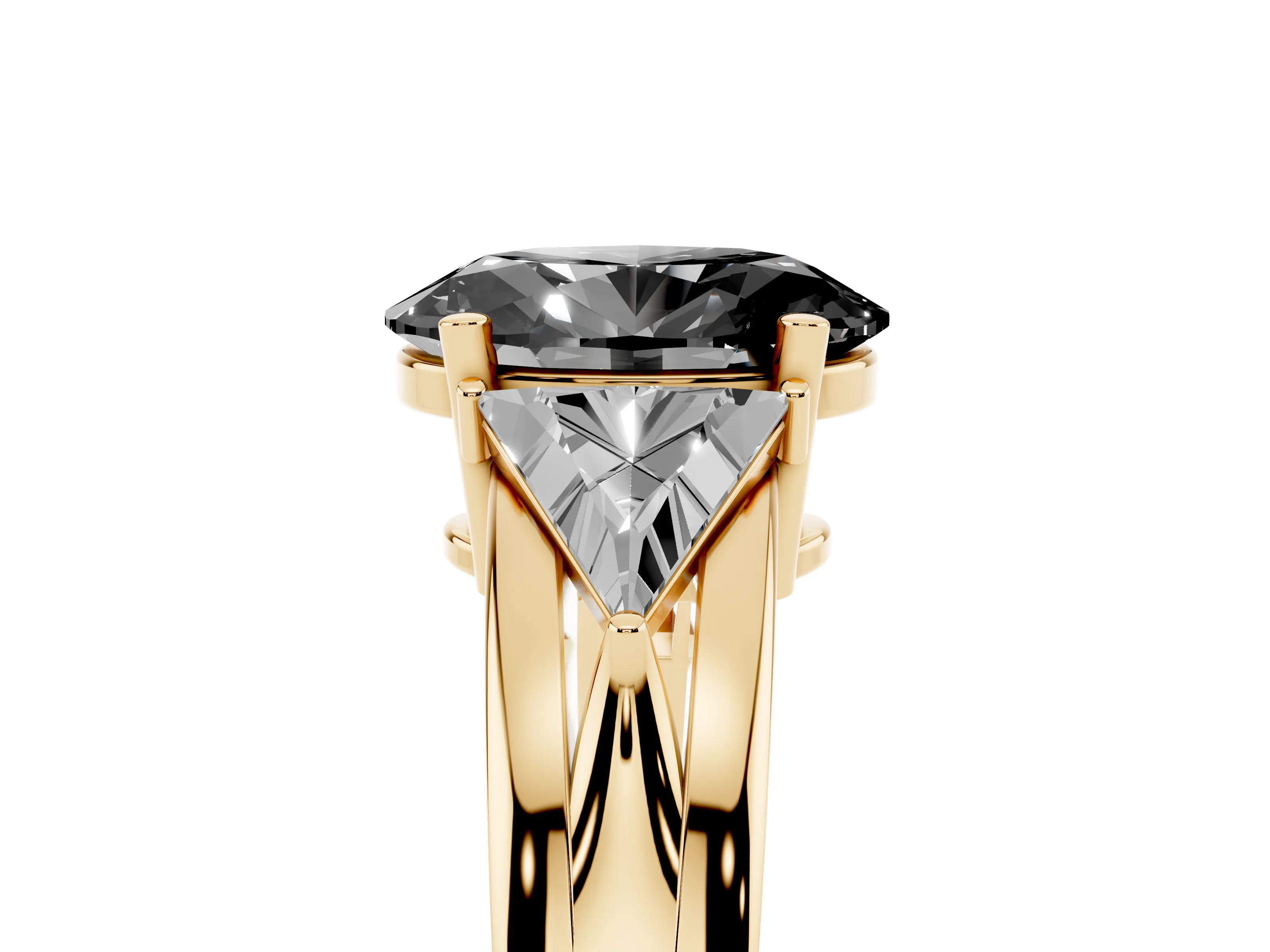 Fancy Black Oval Cut Diamond Three-Stone Ring Set in Yellow gold with Trillion Side Stones and Split Shank