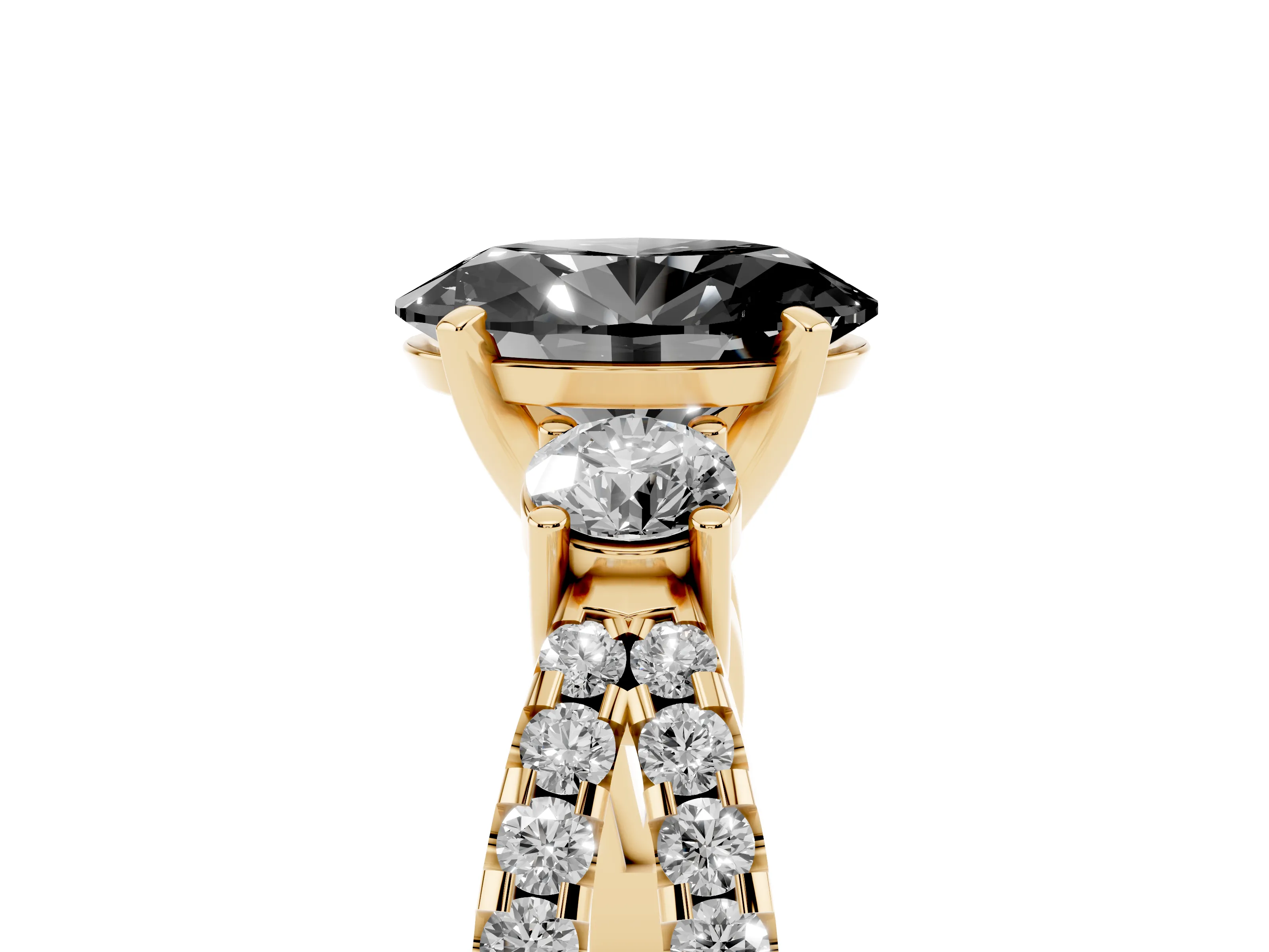 Fancy Black Oval Cut Diamond Three-Stone Ring Set in Yellow gold with Pavé Split Shank and Prong Setting