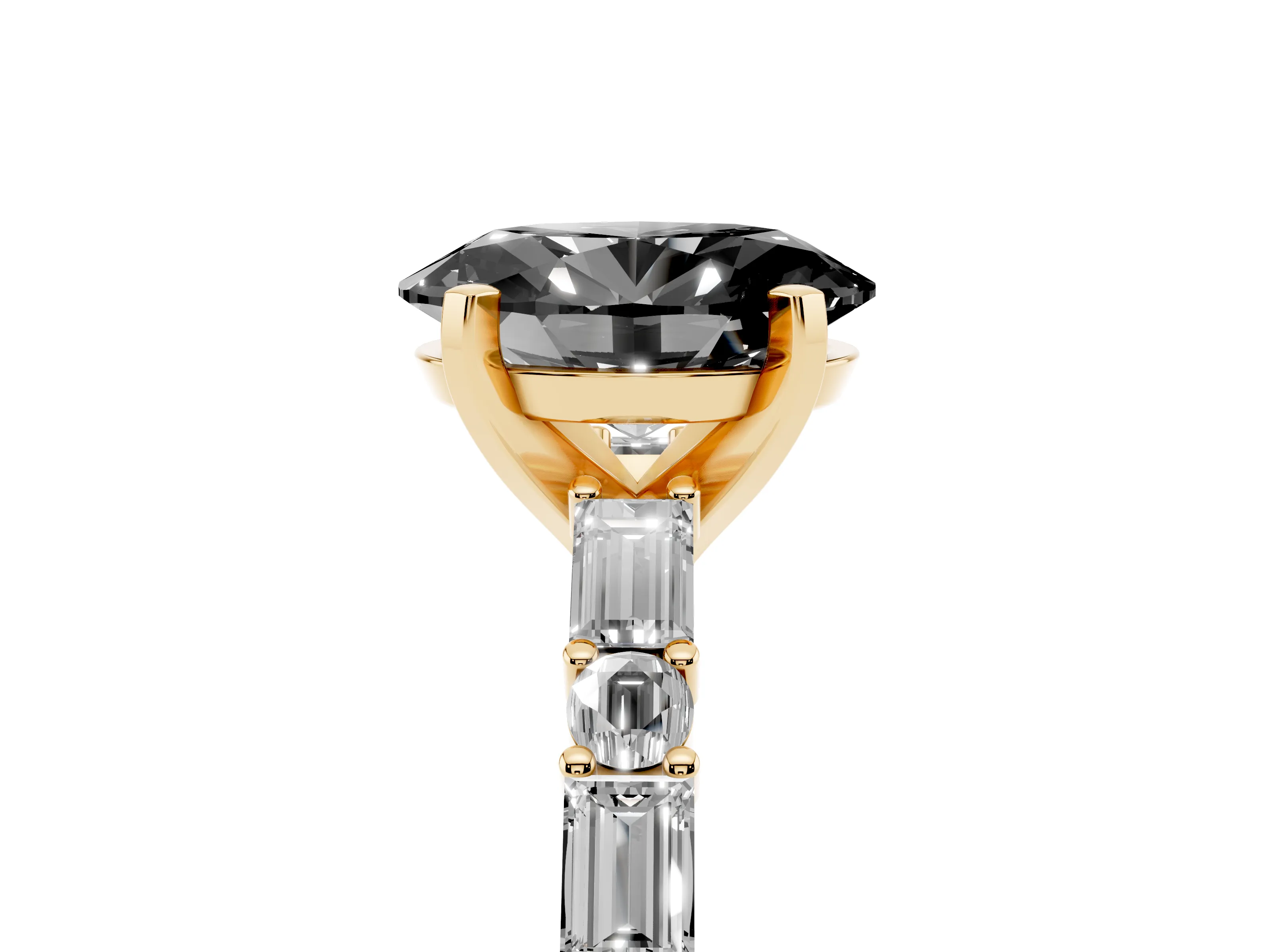 Fancy Black Oval Cut Diamond Solitaire Set in Yellow gold with Side Baguettes and Channel Set Band