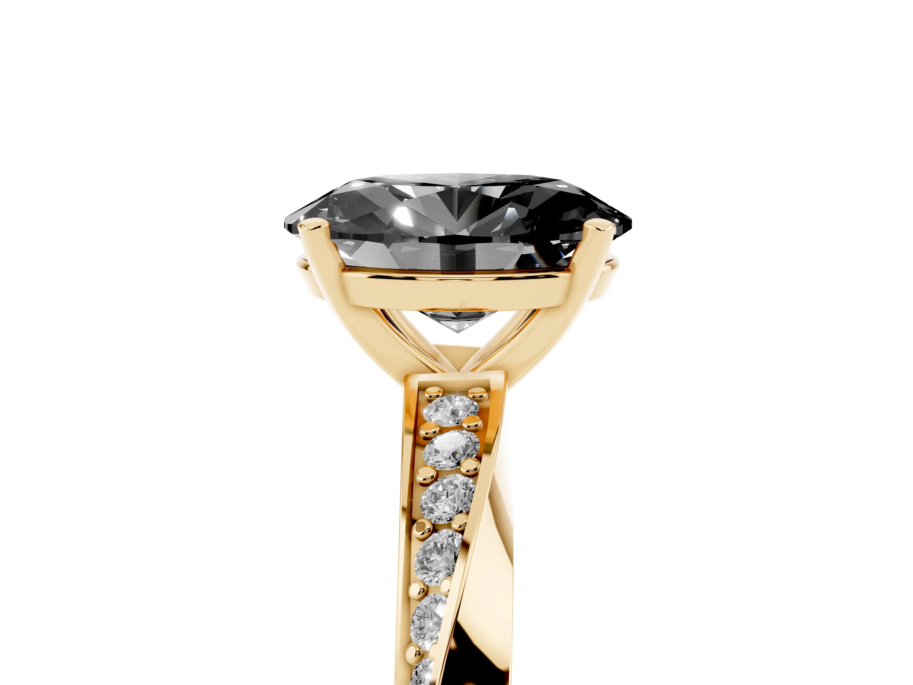 Fancy Black Oval Cut Diamond Engagement Ring Set in Yellow gold with Side Stone Accents and Prong Setting
