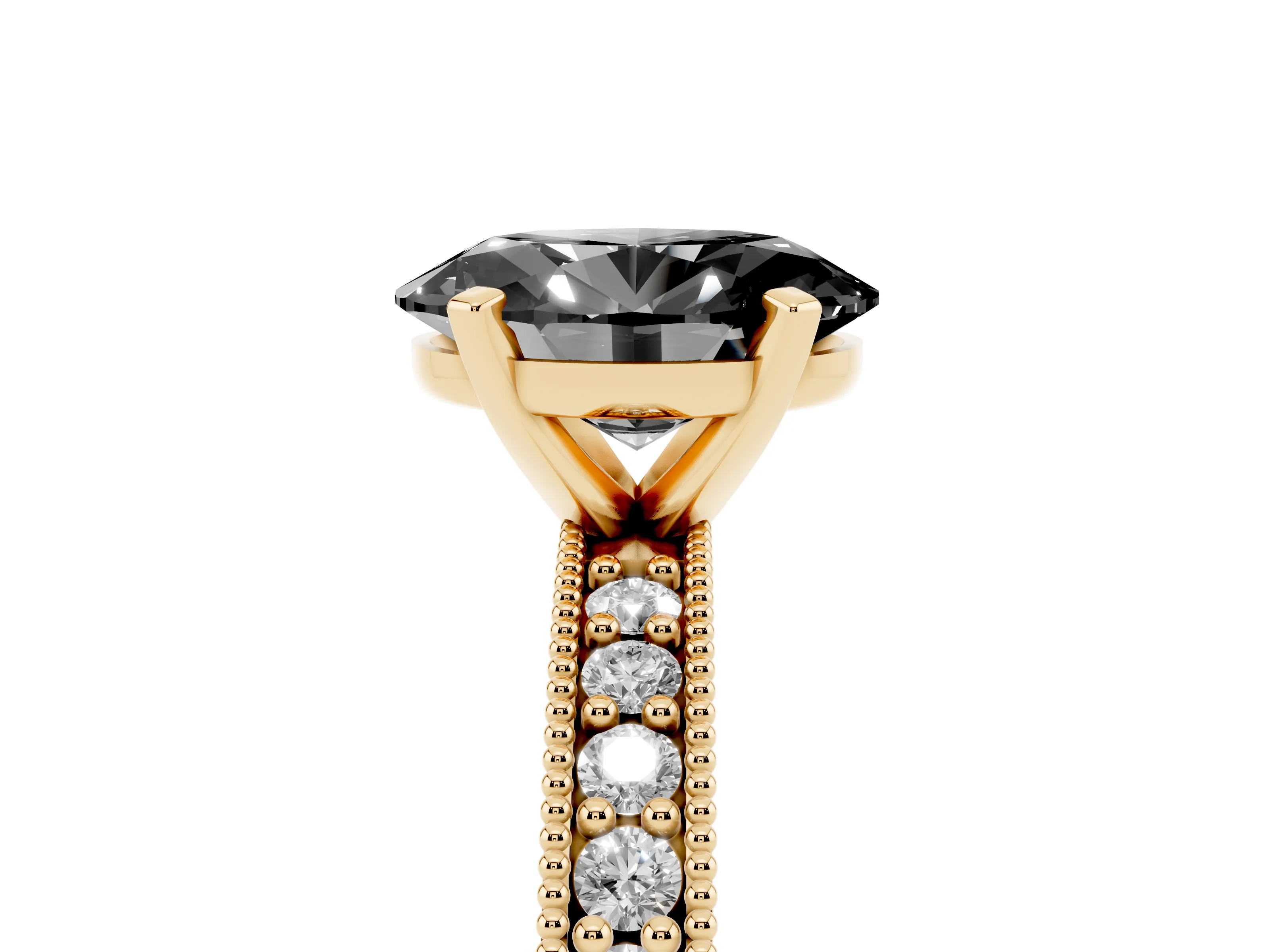 Fancy Black Oval Cut Diamond Milgrain Pavé Engagement Ring Set in Yellow gold with Prong Setting