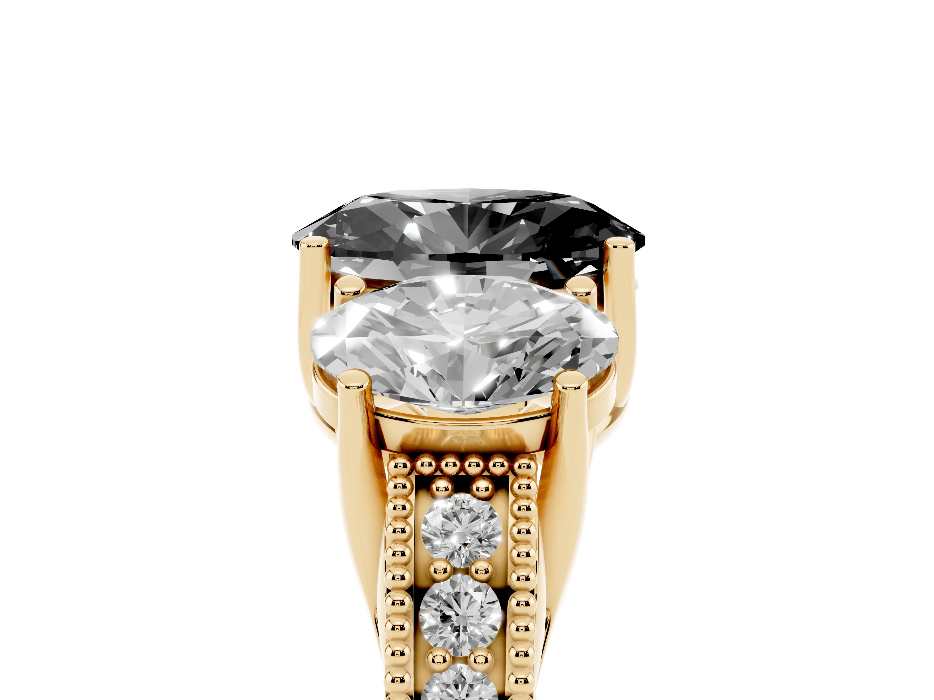 Fancy Black Oval Cut Diamond Three-Stone Engagement Ring Set in Yellow gold with Milgrain Pavé Band