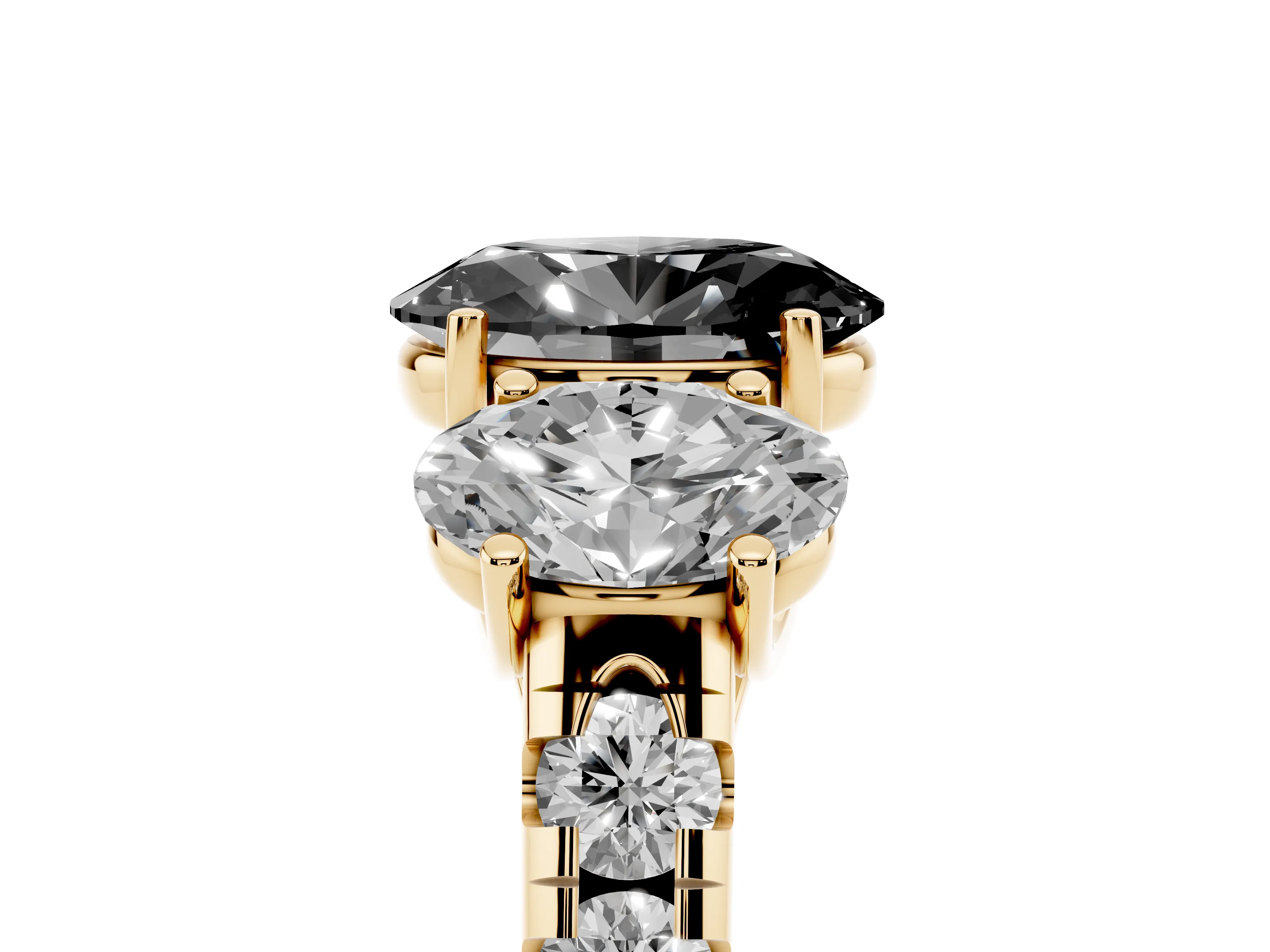Fancy Black Oval Cut Diamond Three-Stone Ring Set in Yellow gold with Pavé Band
