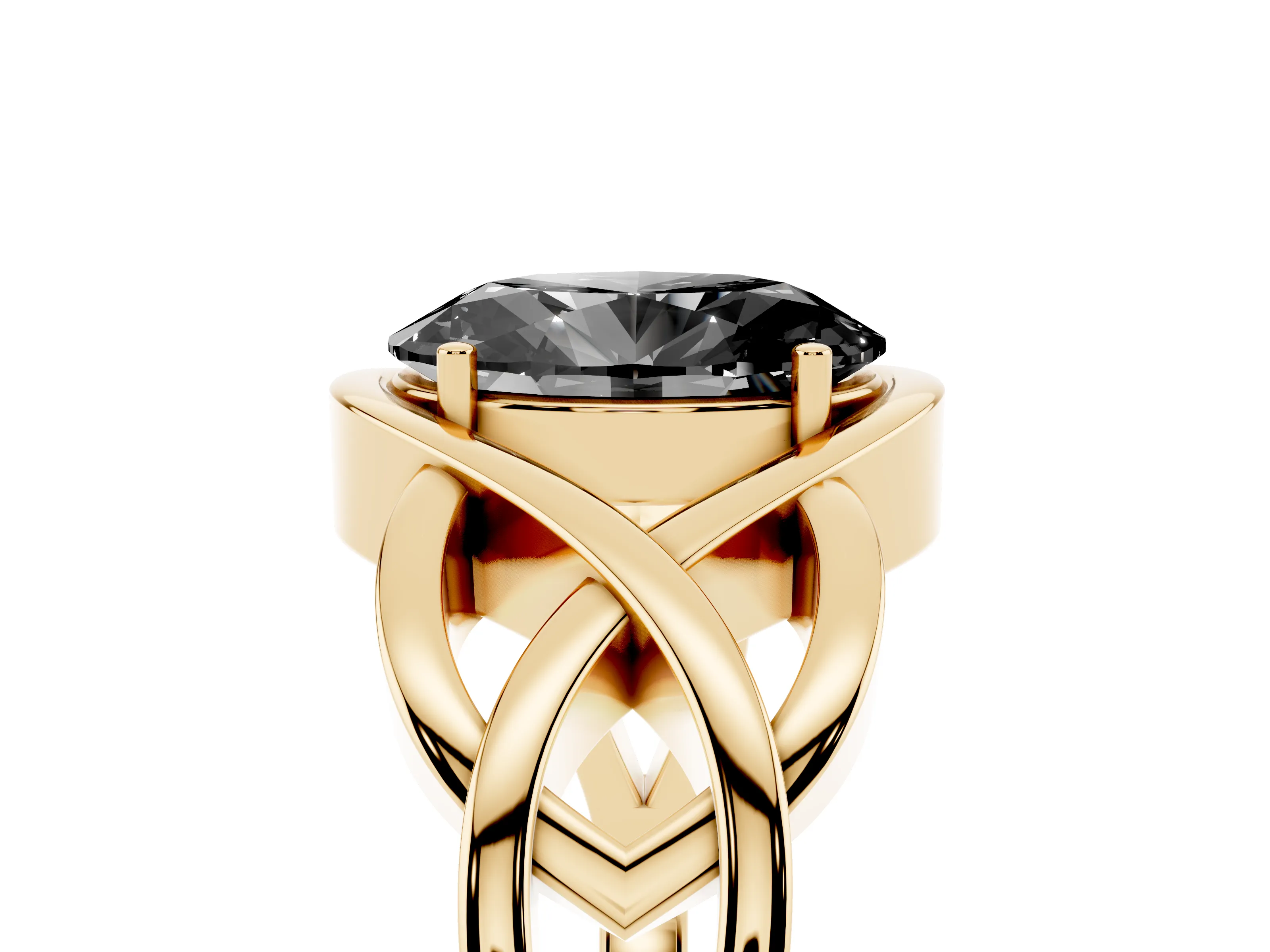 Fancy Black Oval Cut Diamond Solitaire Ring Set in Yellow gold with Intertwined Band