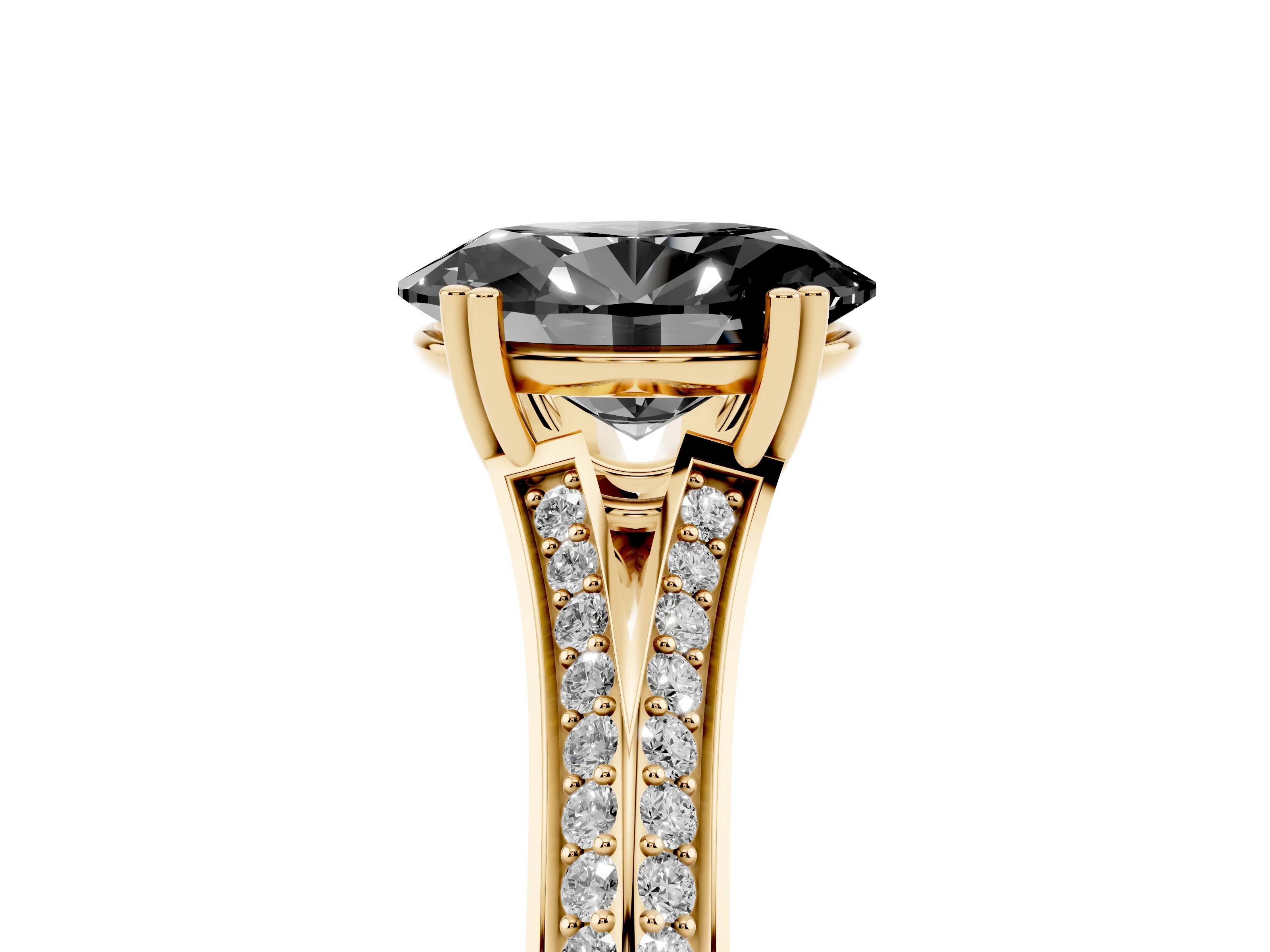 Fancy Black Oval Cut Diamond Split Shank Pavé Engagement Ring Set in Yellow gold with Prong-Set Center Stone