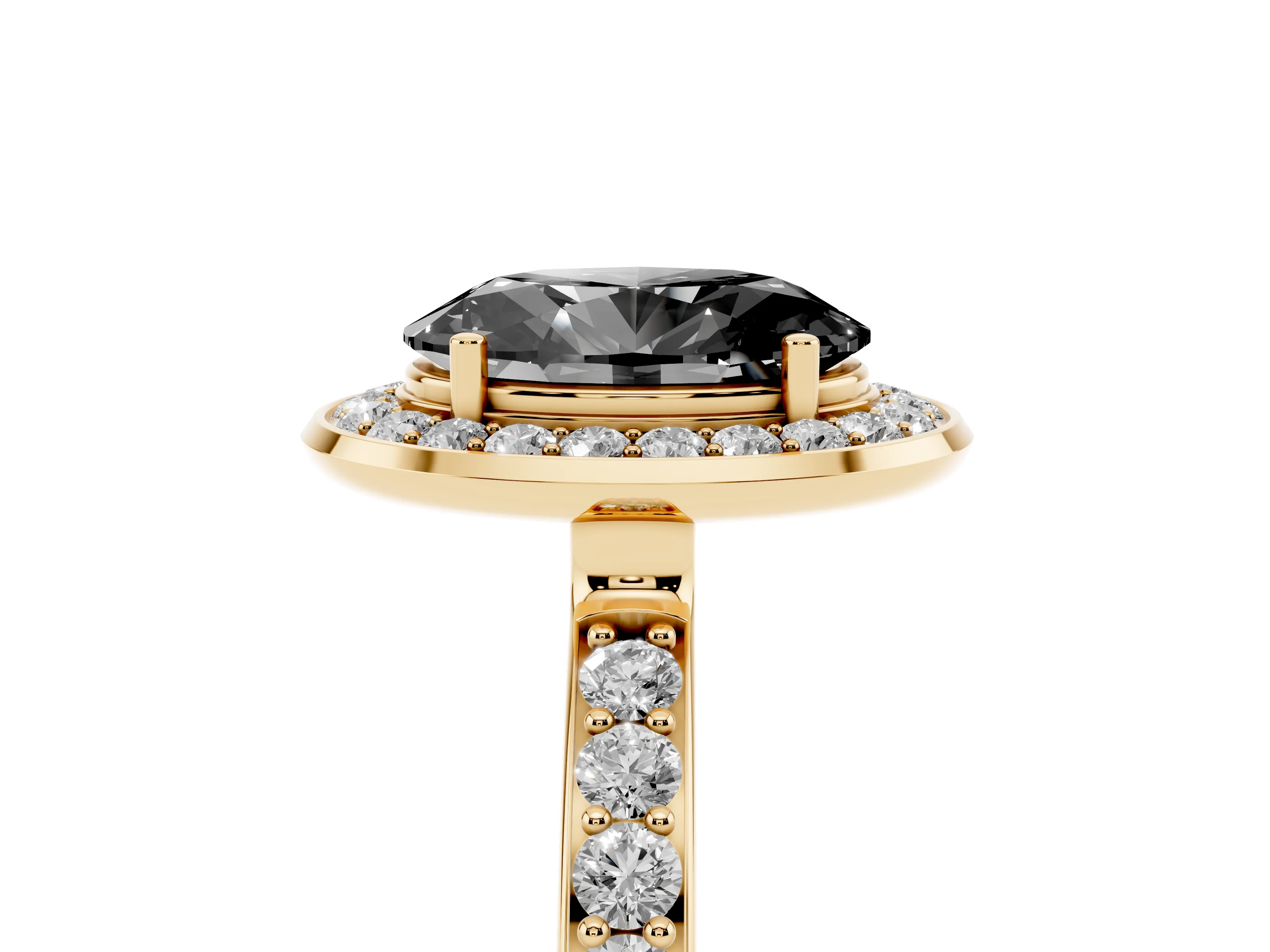 Fancy Black Oval Cut Diamond Halo Ring Set in Yellow gold with Bezel Frame and Pavé Band