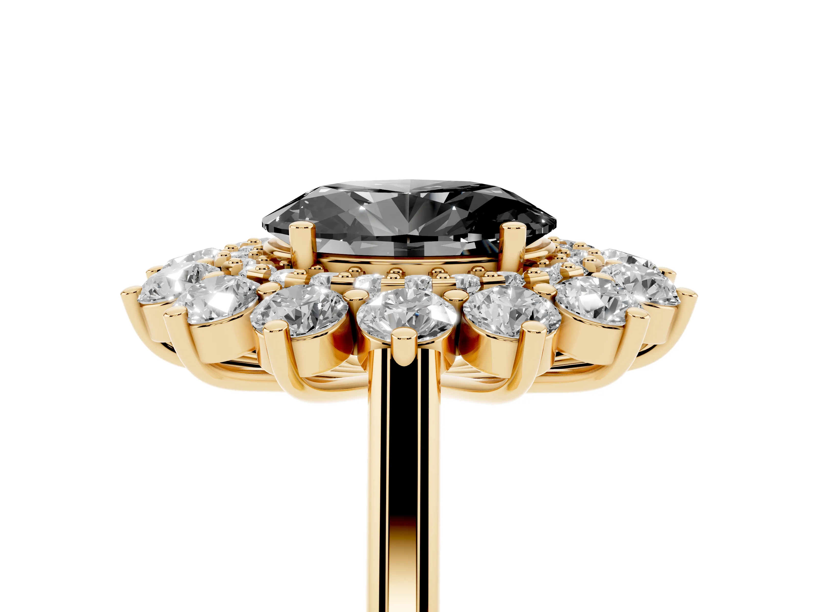 Fancy Black Oval Cut Diamond Floral Double Halo Ring Set in Yellow gold with Round Petals