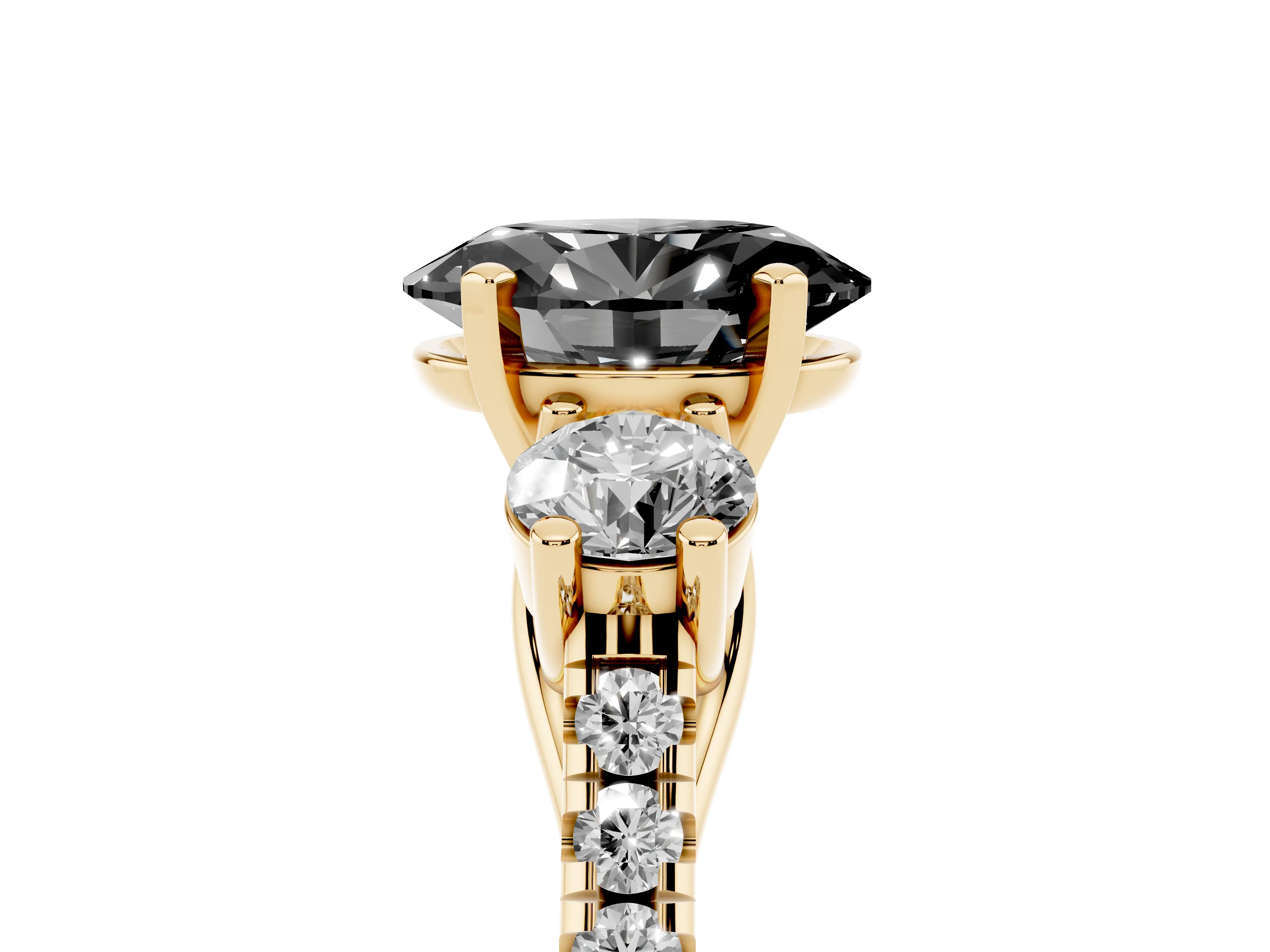 Fancy Black Three-Stone Oval Cut Diamond Pavé Band Ring Set in Yellow gold with Prong-Set Trio