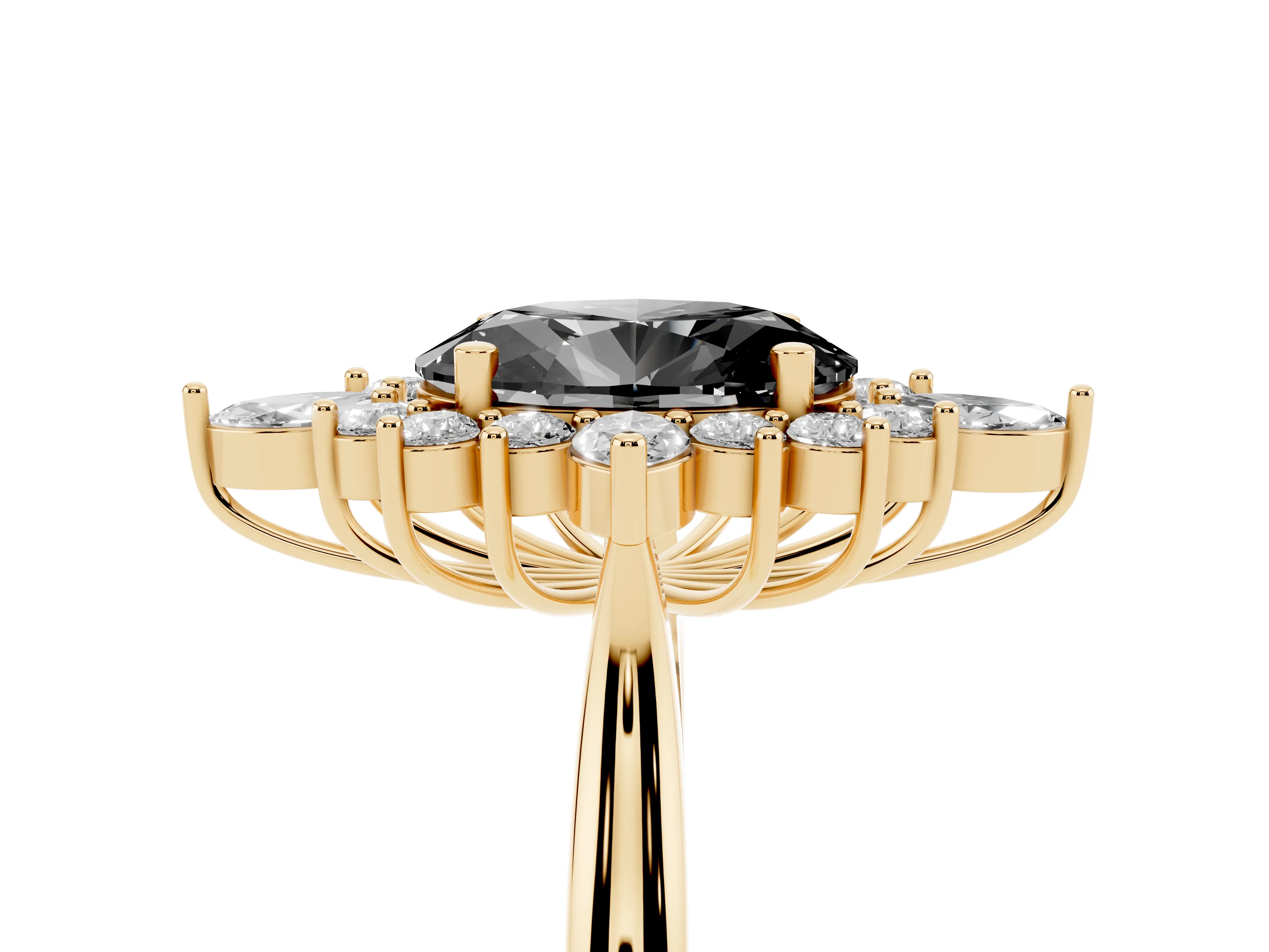 Fancy Black Oval Cut Diamond Cluster Halo Ring Set in Yellow gold with Marquise and Round Accents
