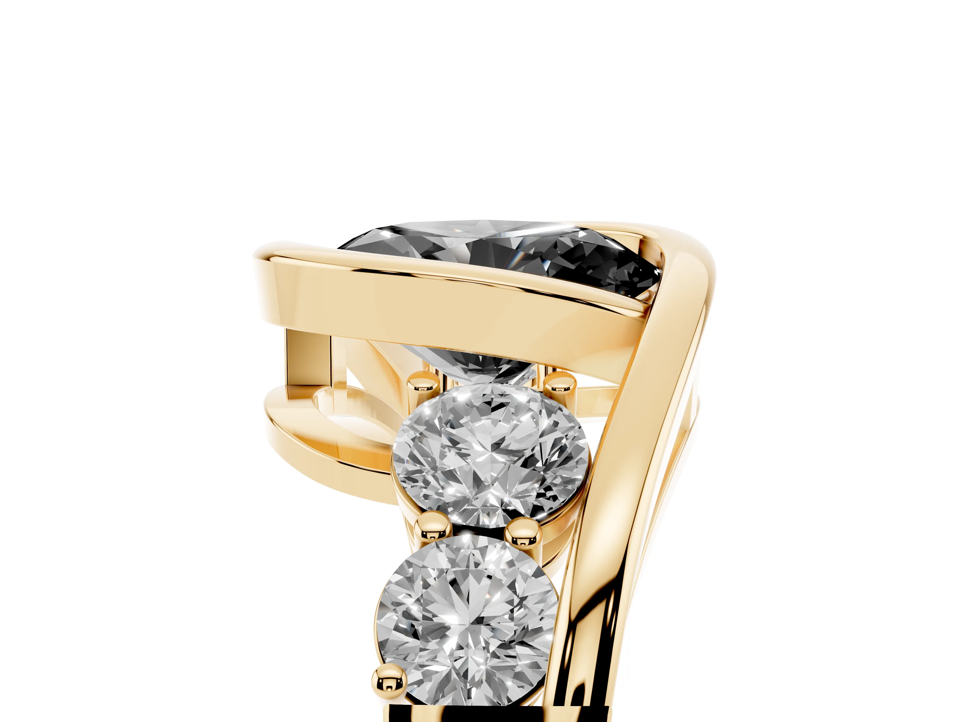 Fancy Black Oval Cut Diamond Bezel Bypass Ring Set in Yellow gold with Round Accents