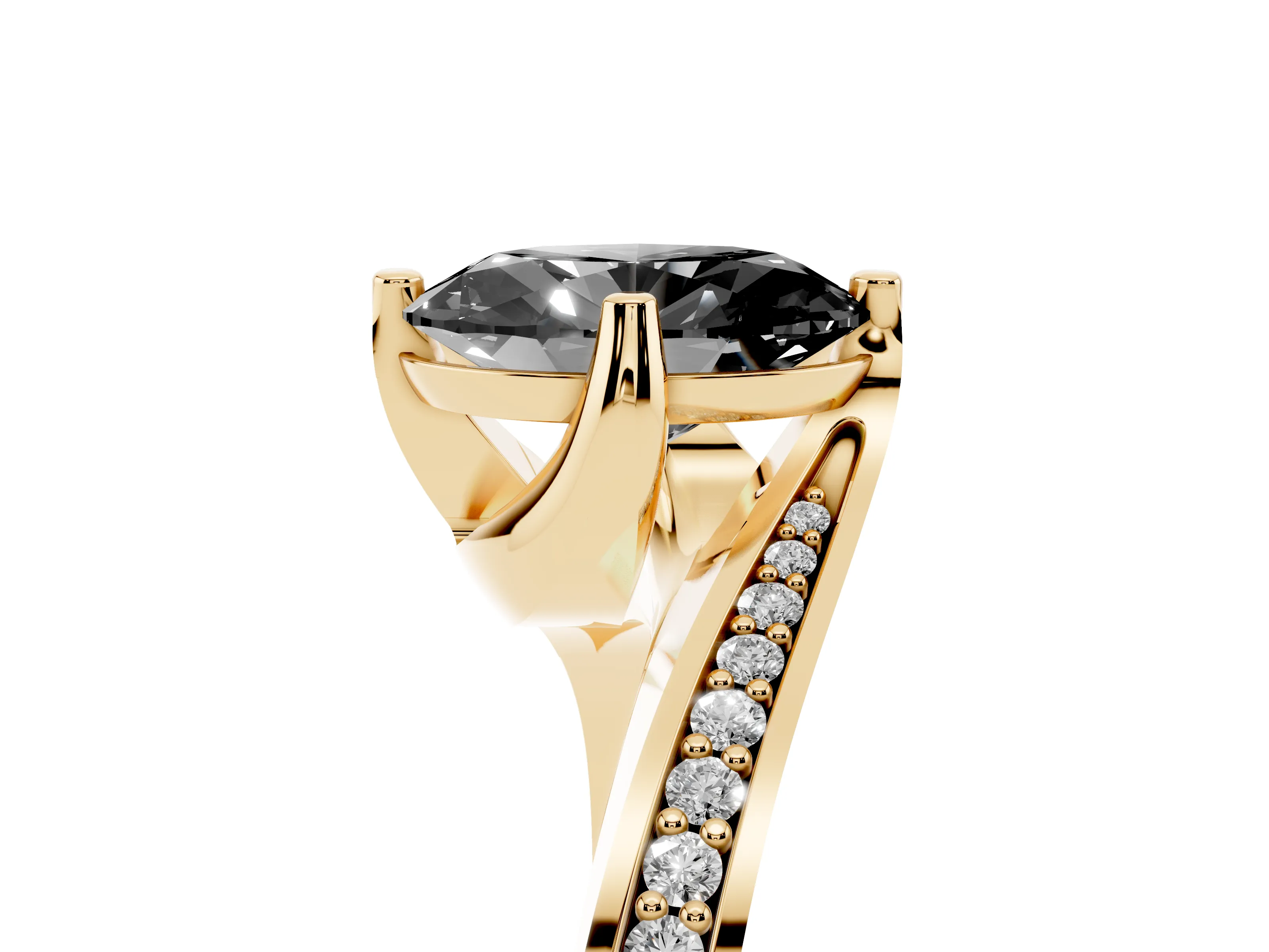 Fancy Black Oval Cut Diamond Solitaire Ring Set in Yellow gold with Intertwined Pavé Twist Band