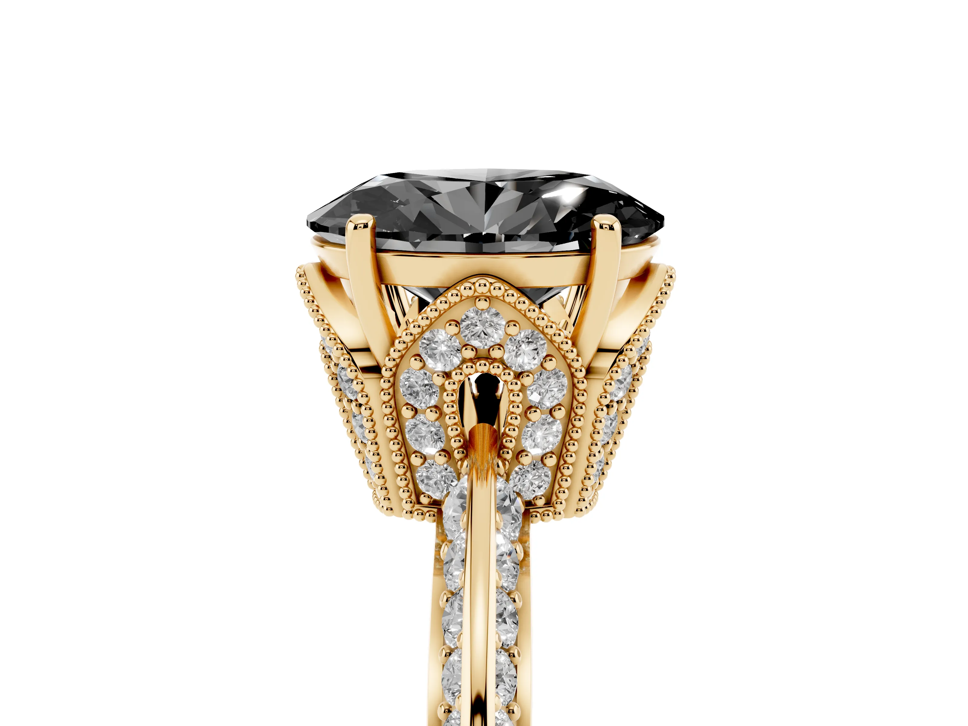 Fancy Black Oval Cut Diamond Solitaire Engagement Ring Set in Yellow gold with Pavé Split Shank and Prong Setting