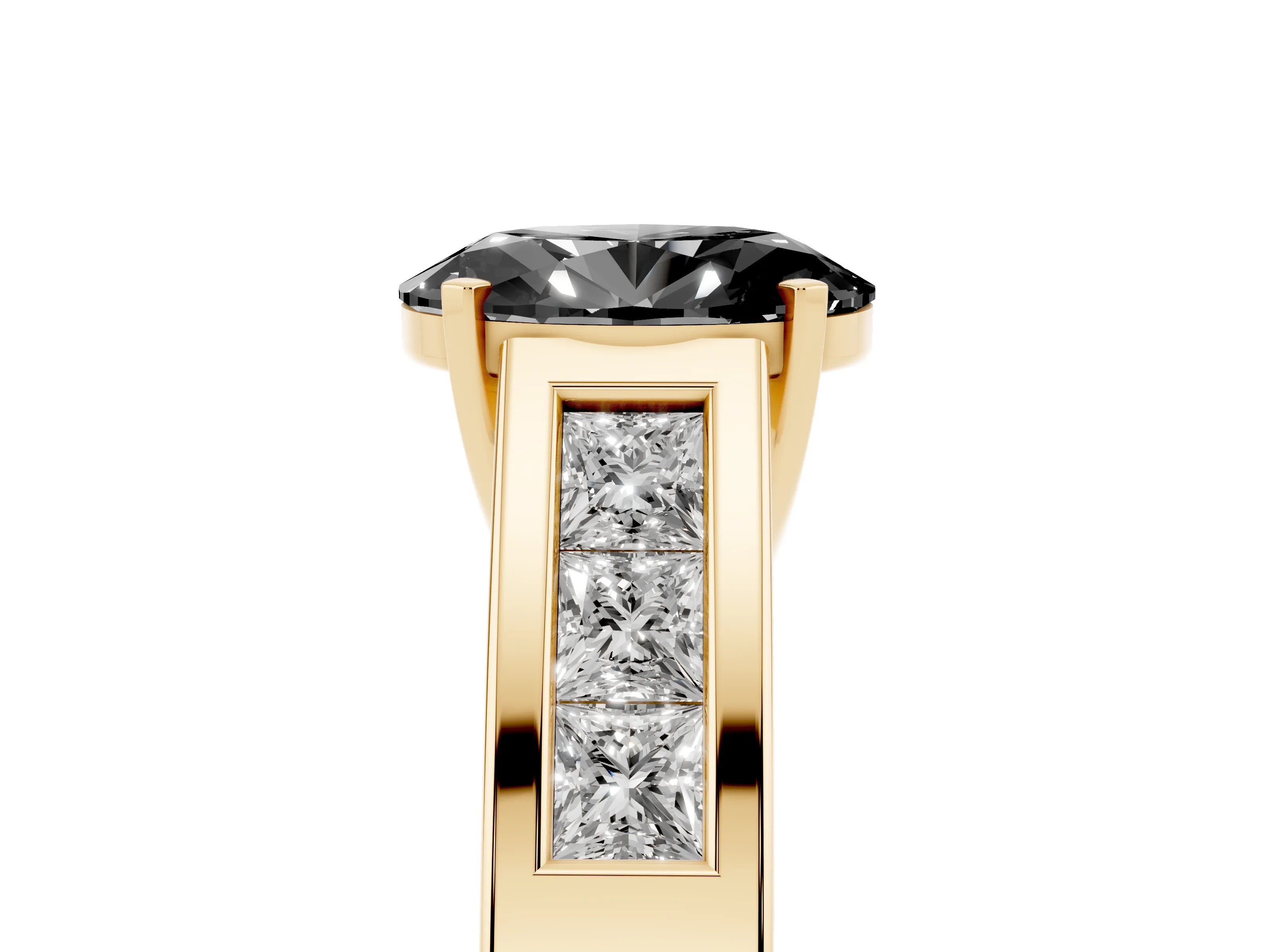 Fancy Black Oval Cut Diamond Solitaire Ring Set in Yellow gold with Channel-Set Accent Stones and Prong Setting