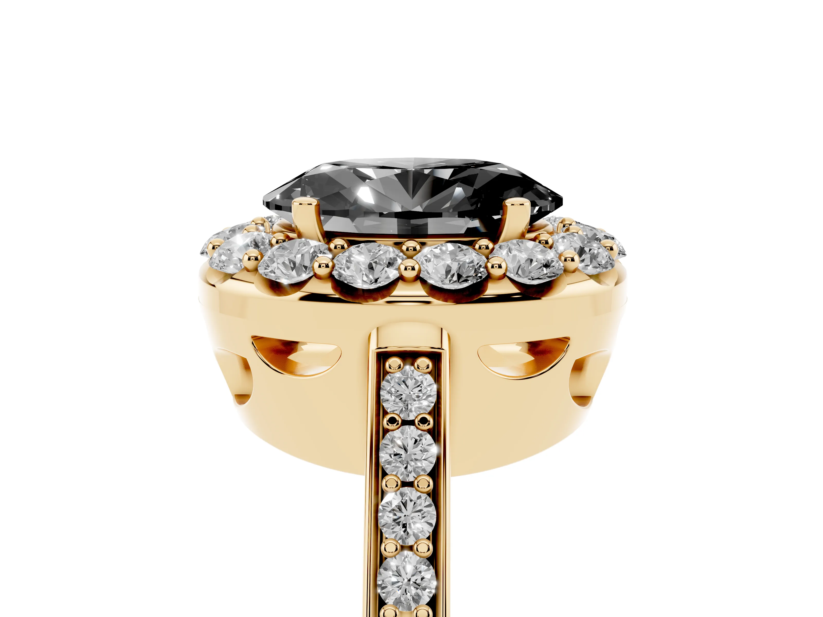 Fancy Black Oval Cut Diamond Floral Halo Ring Set in Yellow gold with Pavé Band and Prong Setting