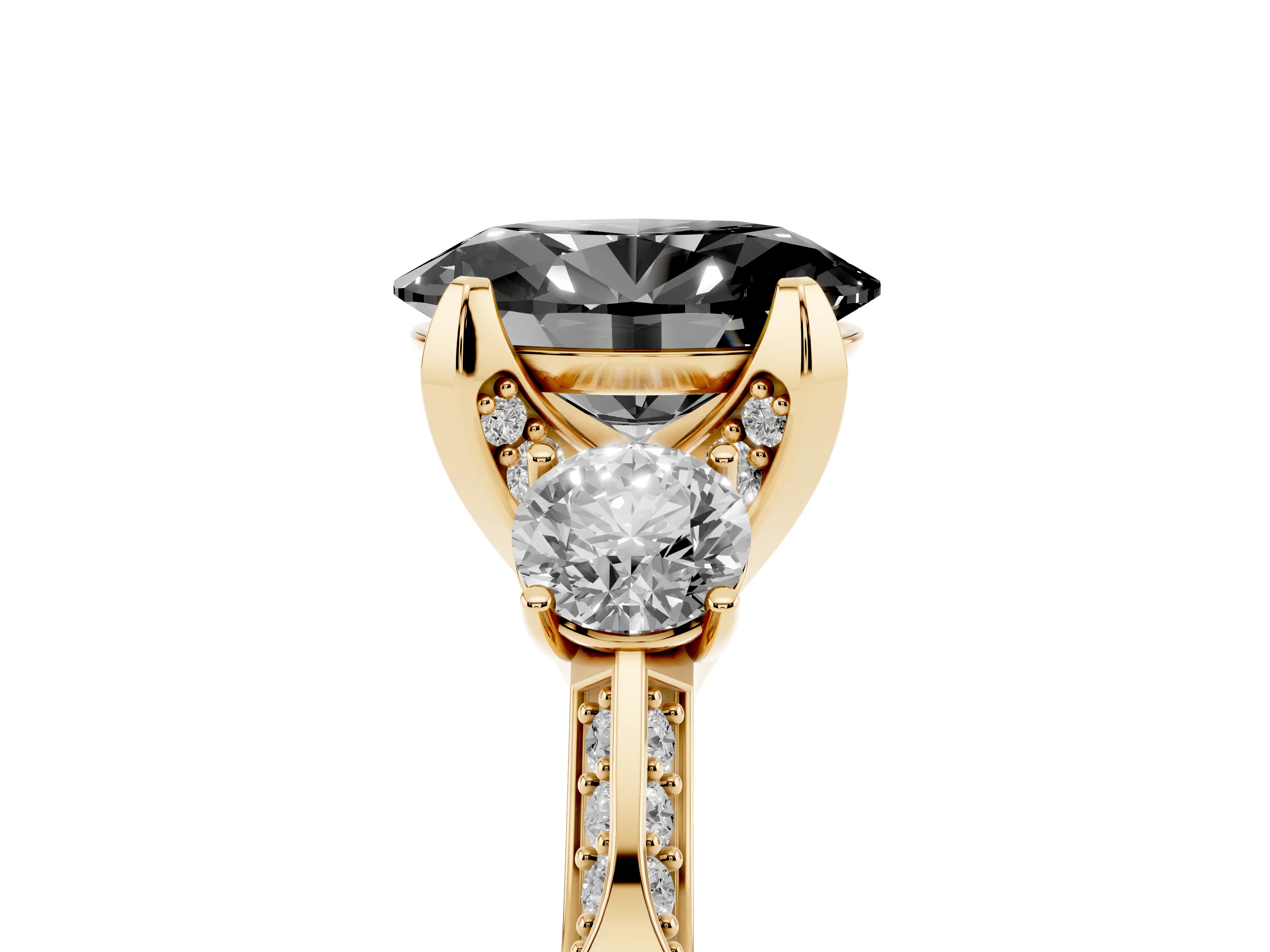 Fancy Black Oval Cut Diamond Three-Stone Ring Set in Yellow gold with Pavé Band and Smaller Side Stones