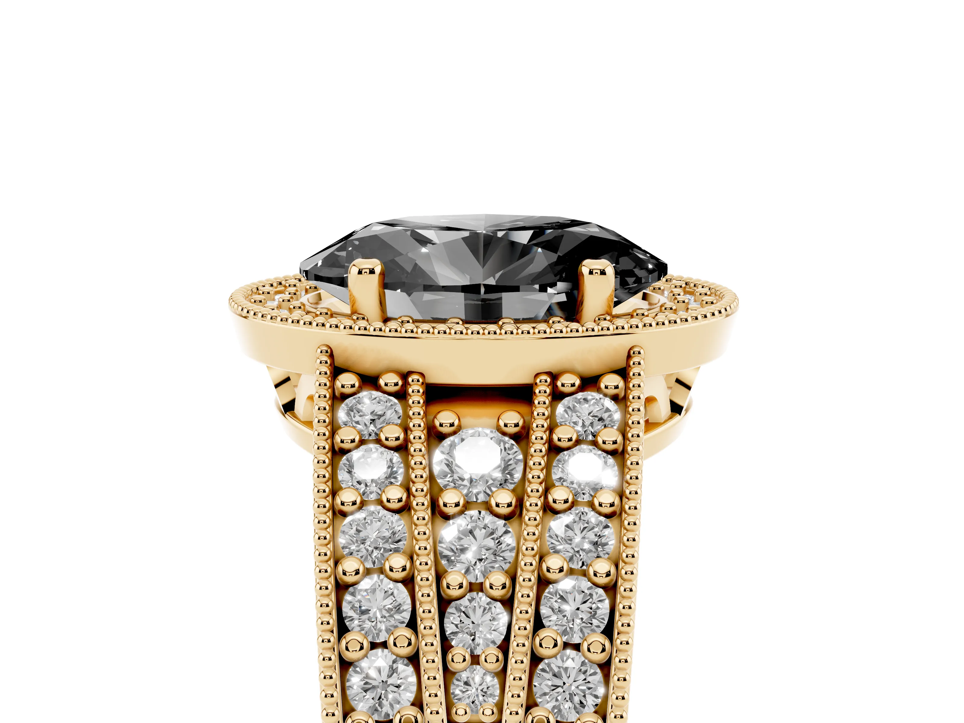 Fancy Black Oval Cut Diamond Halo Ring Set in Yellow gold with Accent Split Shank and Prong Setting