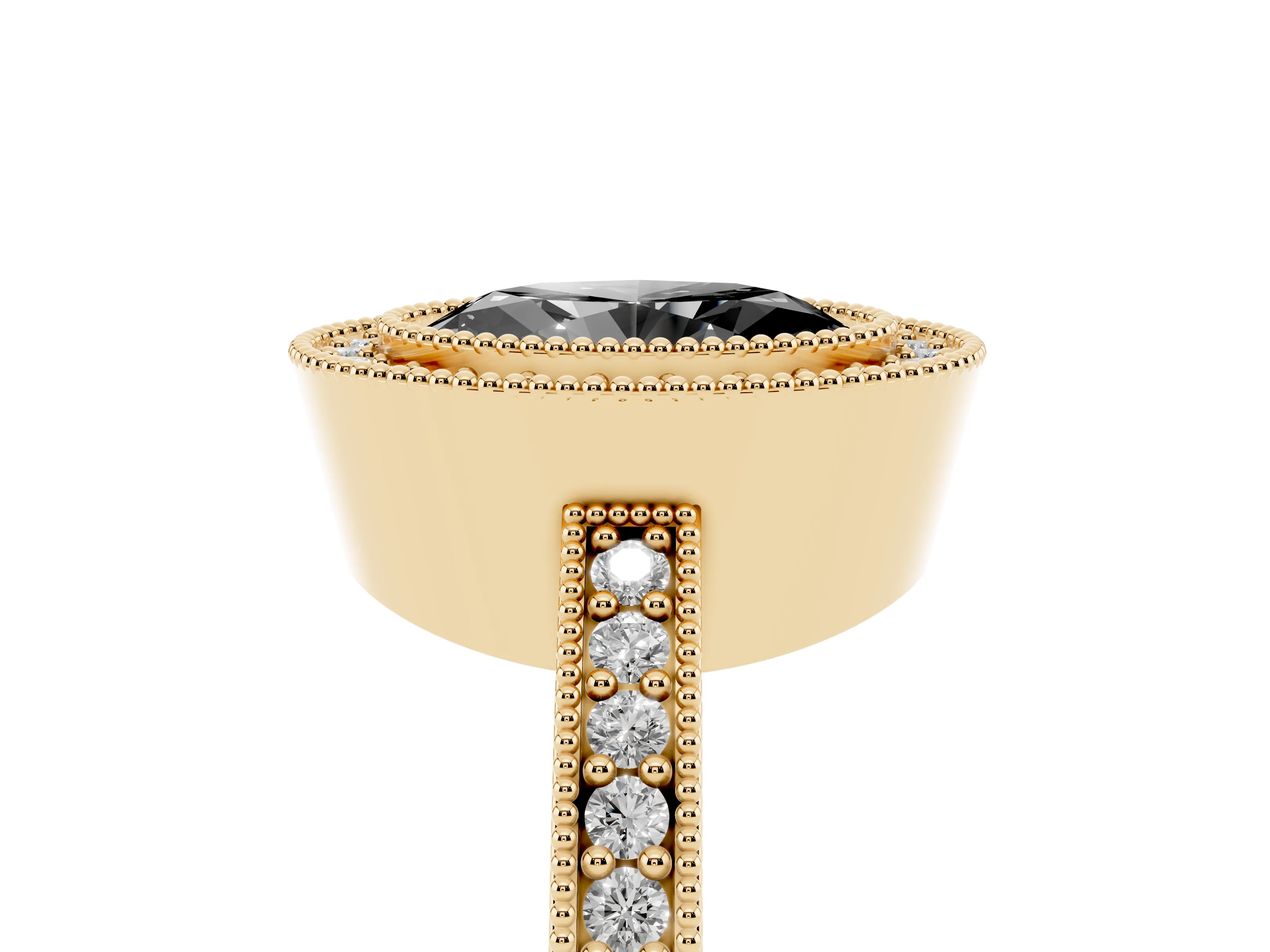 Fancy Black Oval Cut Diamond Halo Engagement Ring Set in Yellow gold with Pavé Band and Round Halo Stones