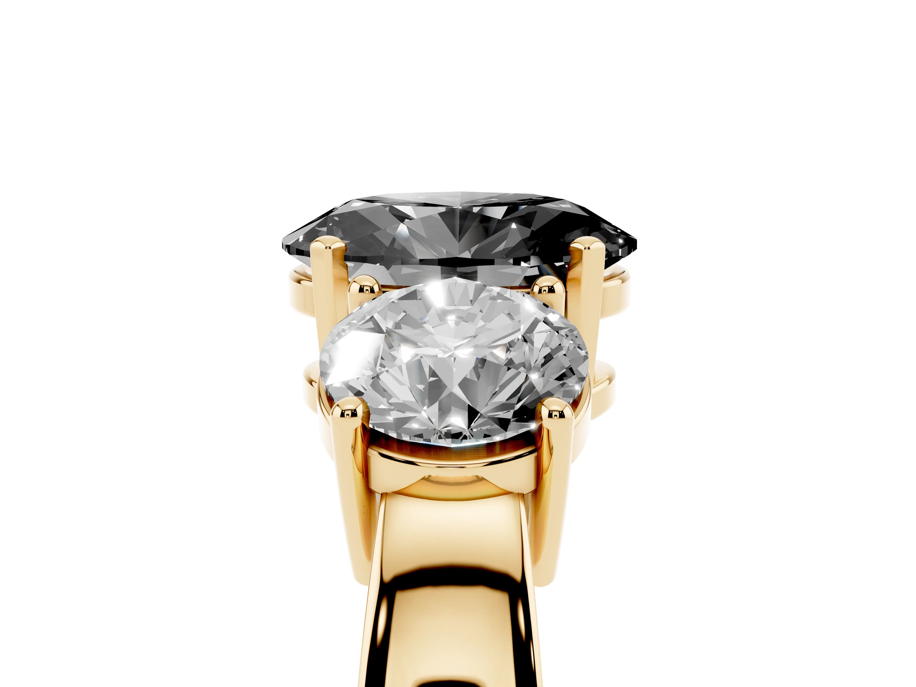 Fancy Black Oval Cut Diamond Three-Stone Ring Set in Yellow gold with Round Side Stones and Classic Band