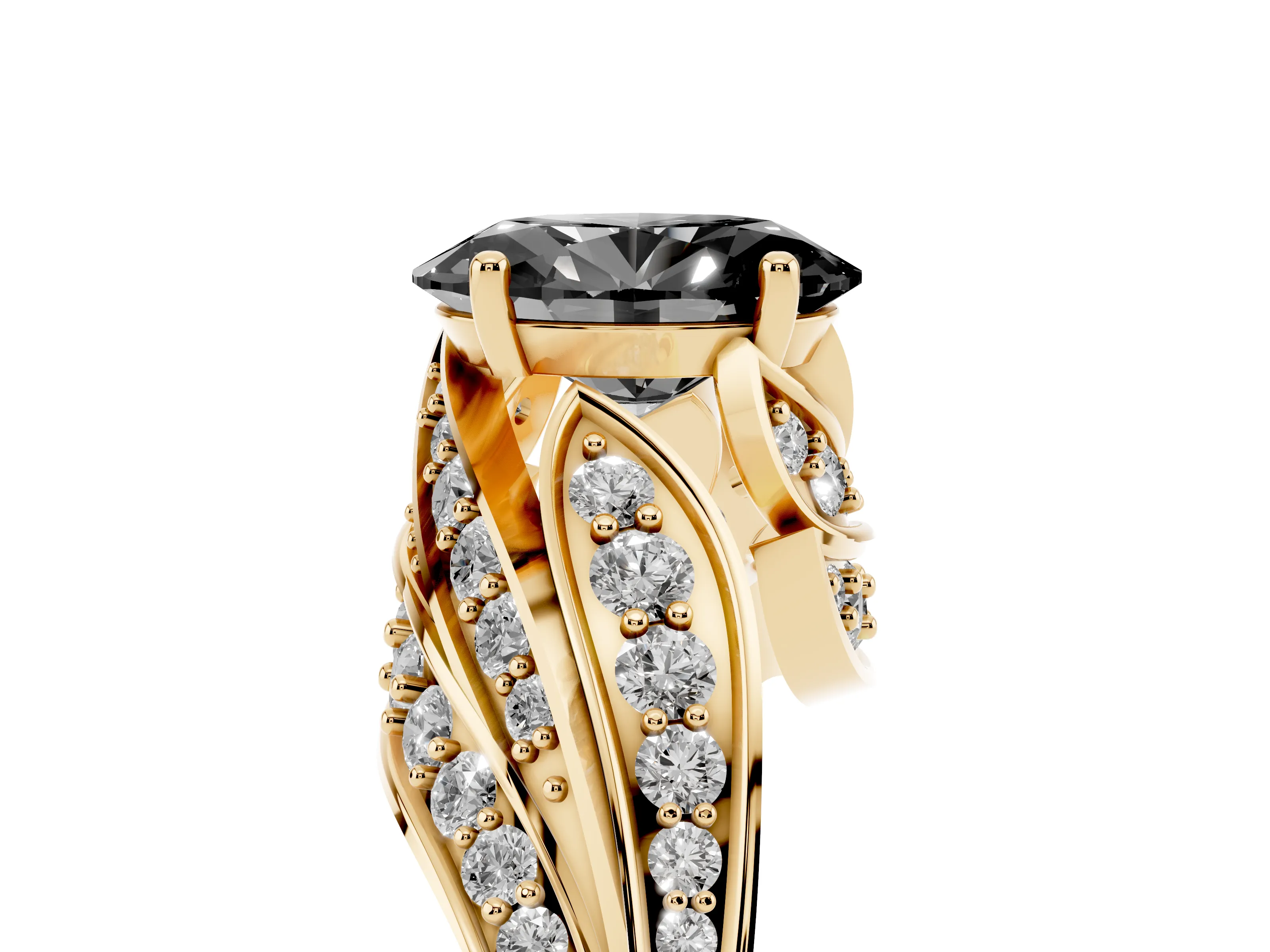 Fancy Black Oval Cut Diamond Solitaire Ring Set in Yellow gold with Layered Twist Pavé Band
