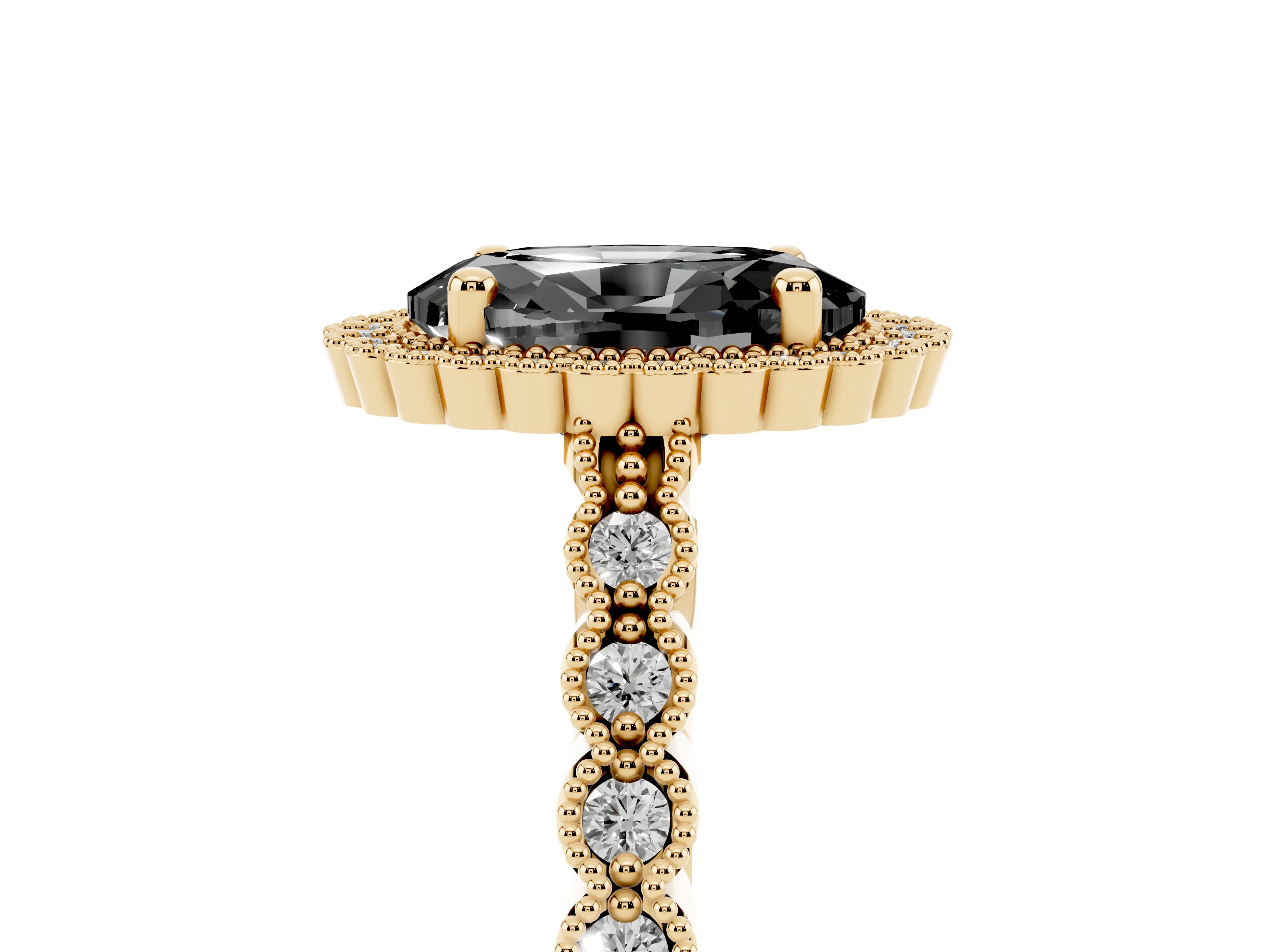 Fancy Black Oval Cut Diamond Halo Ring Set in Yellow gold with Pavé Milgrain Band