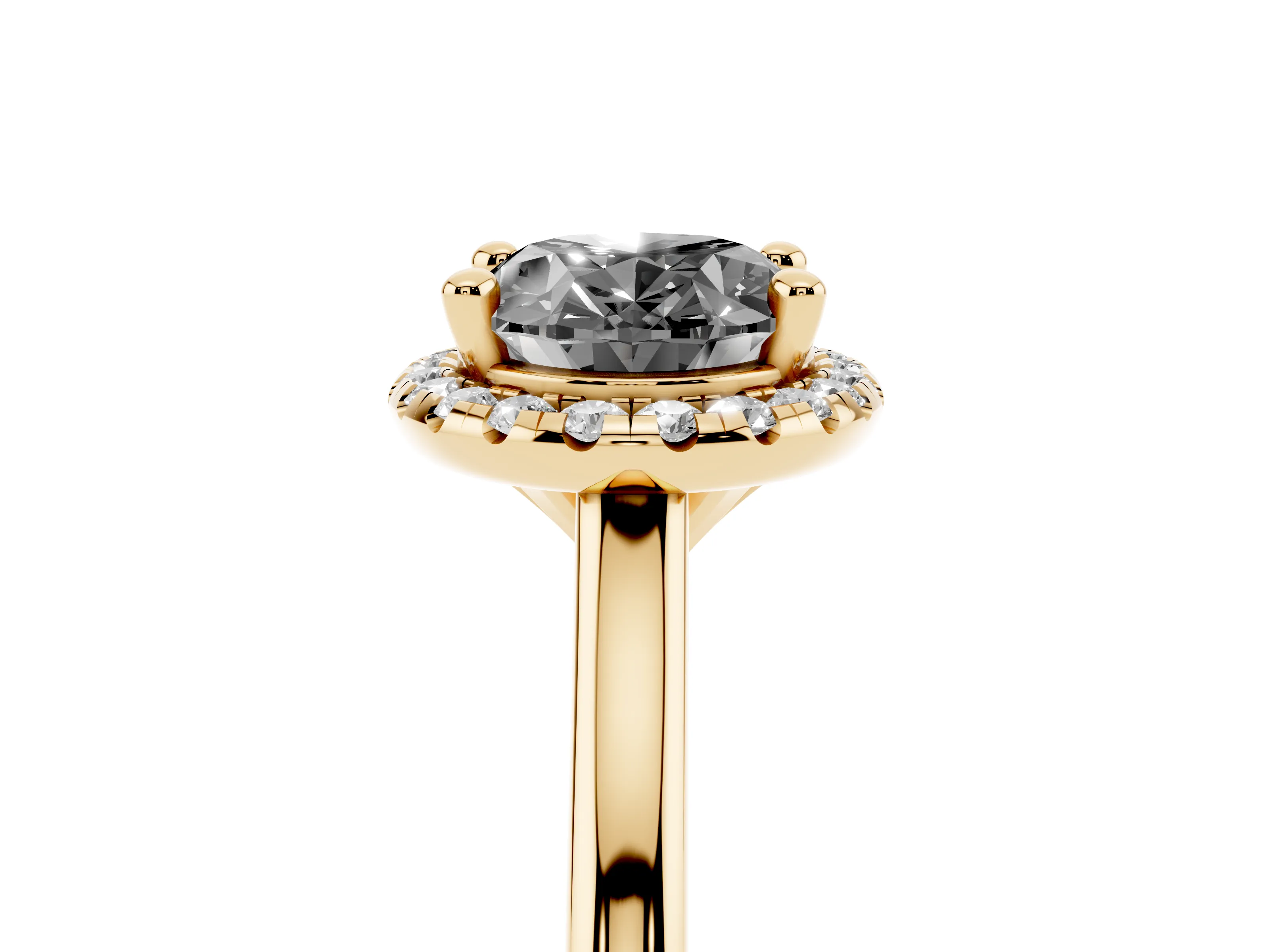 Fancy Black Oval Cut Diamond Halo Engagement Ring Set in Yellow gold with Pavé Band and Rising Shoulders