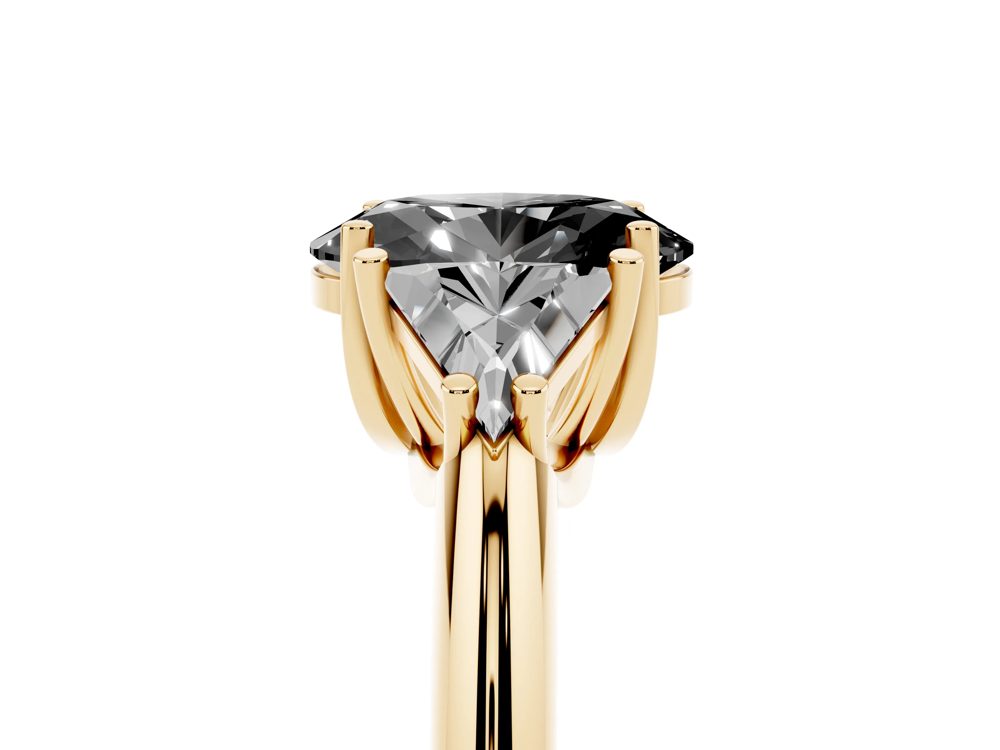 Fancy Black Oval Cut Diamond Three-Stone Engagement Ring Set in Yellow gold with Trillion Side Stones