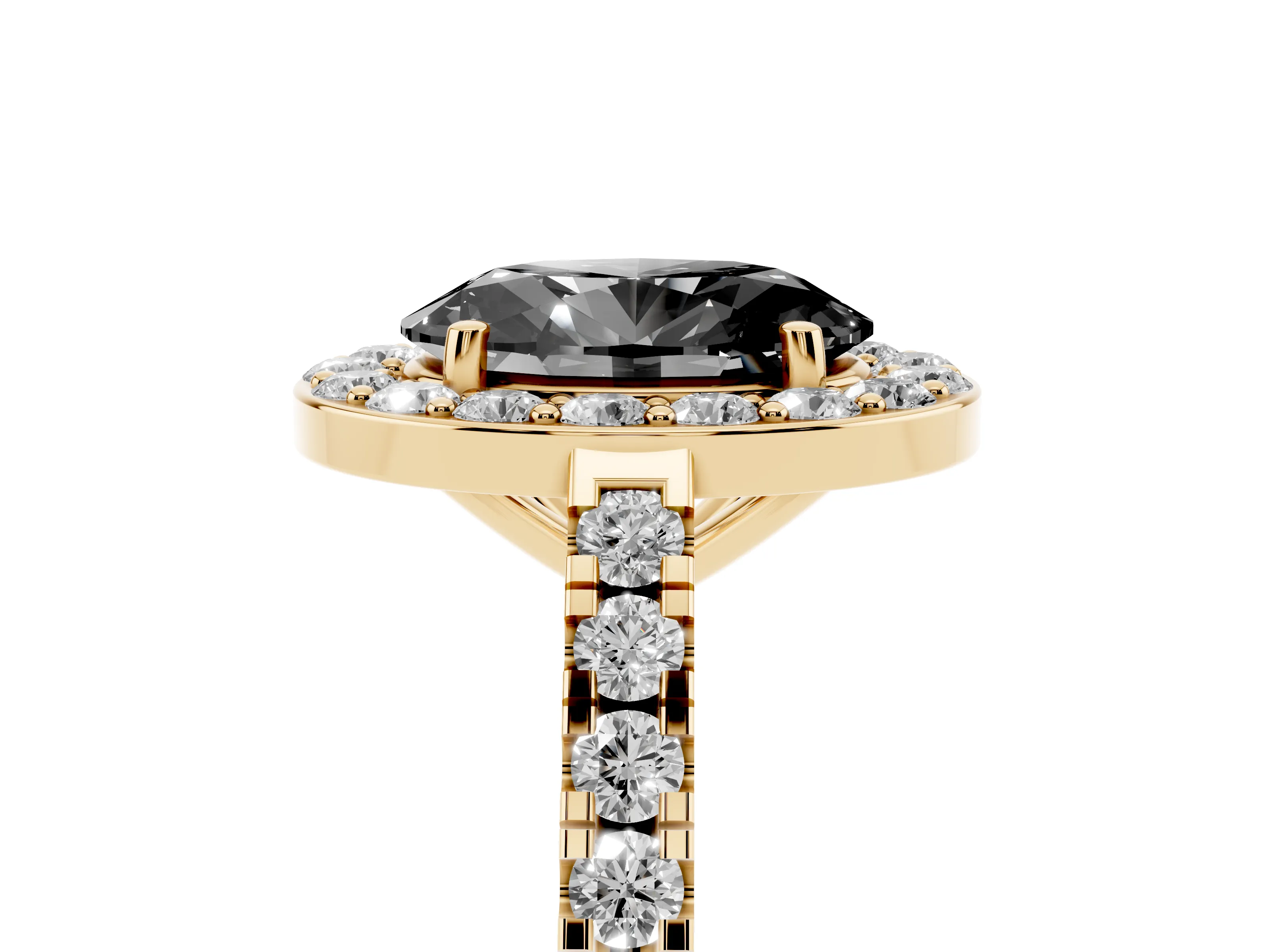 Fancy Black Oval Cut Diamond Halo Ring Set in Yellow gold with Round Pavé Split Shank and Prong Setting