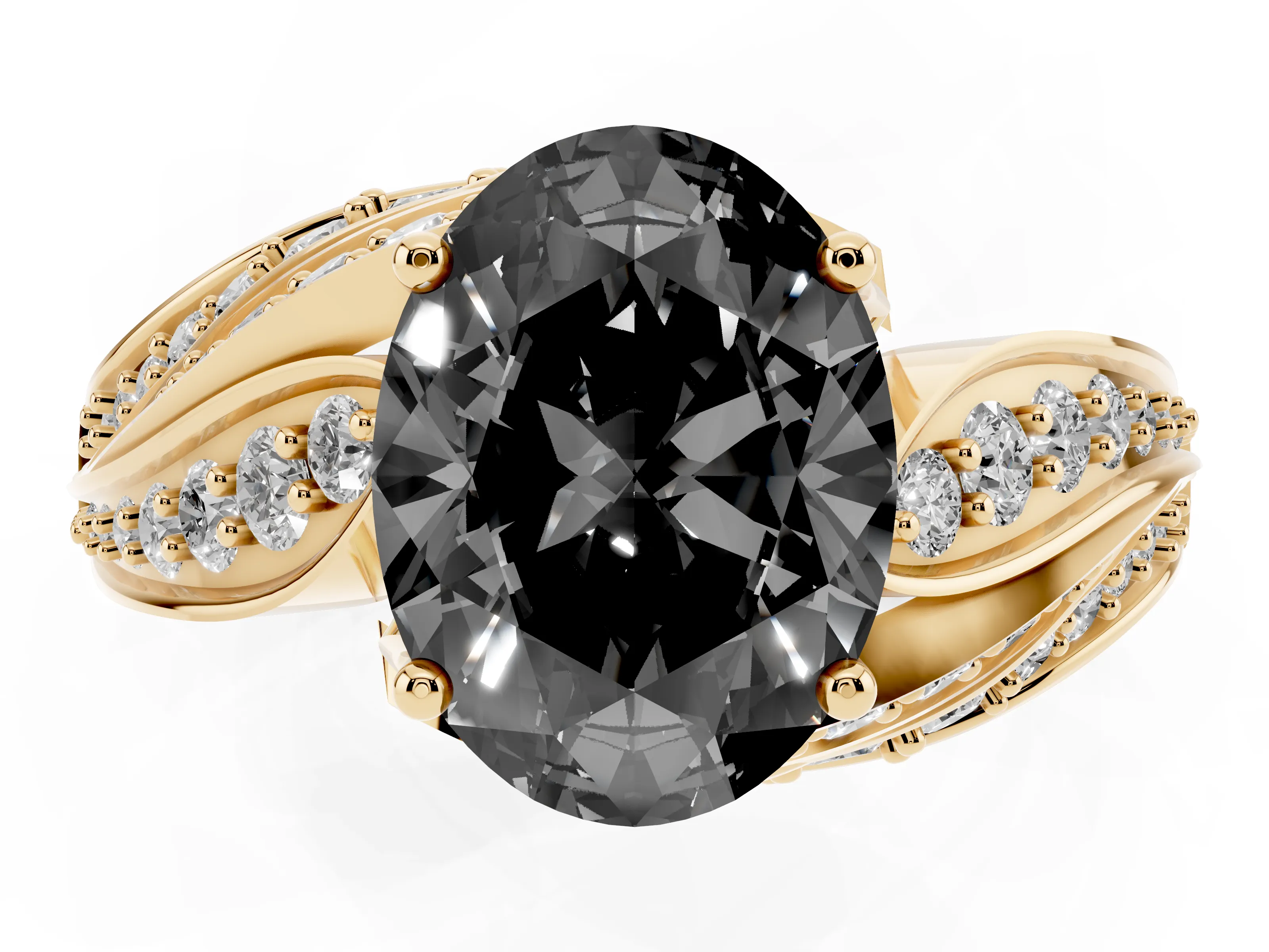 Fancy Black Oval Cut Diamond Solitaire Ring Set in Yellow gold with Layered Twist Pavé Band