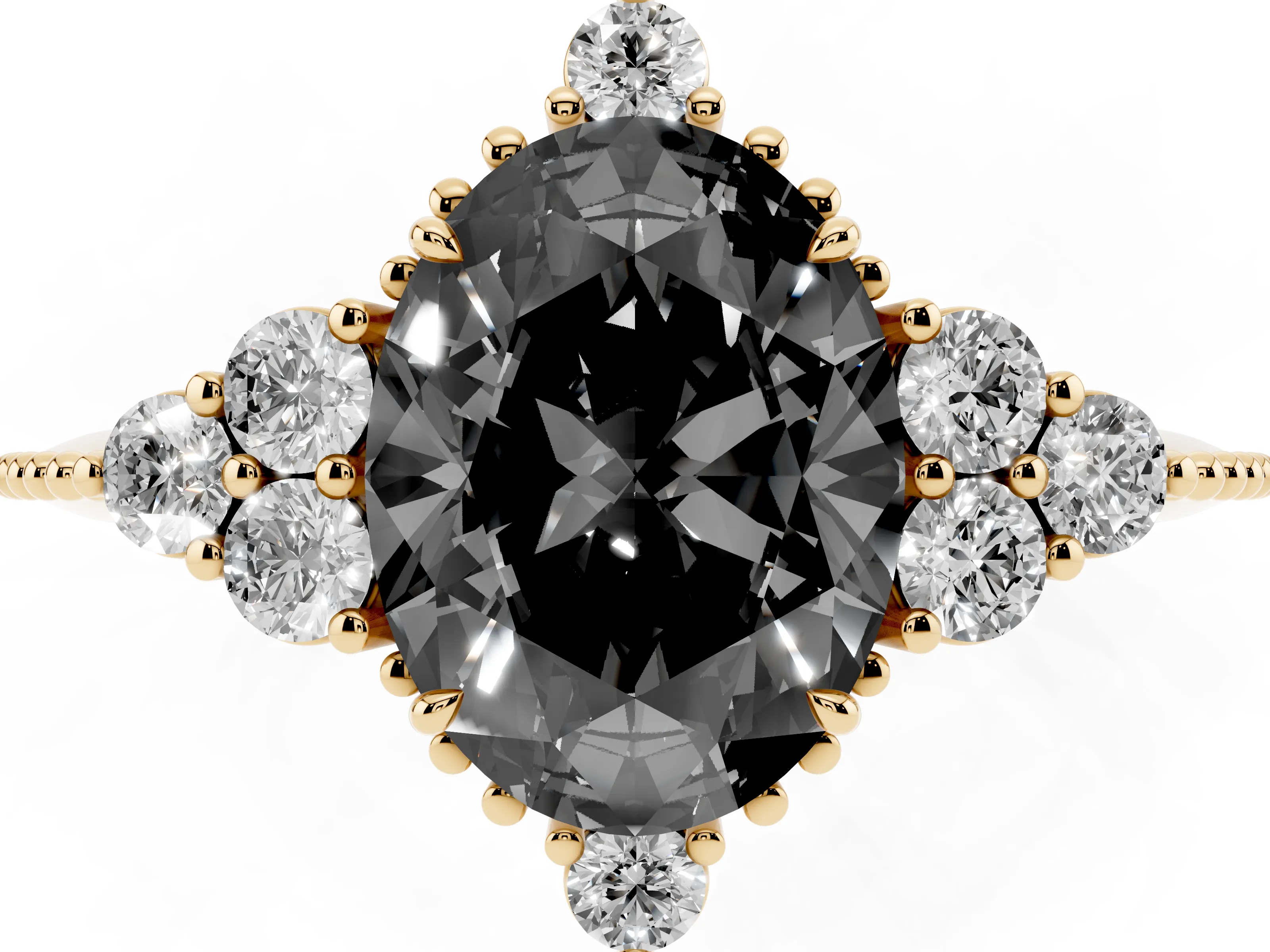 Fancy Black Oval Cut Diamond Cluster Ring Set in Yellow gold with Beaded Band