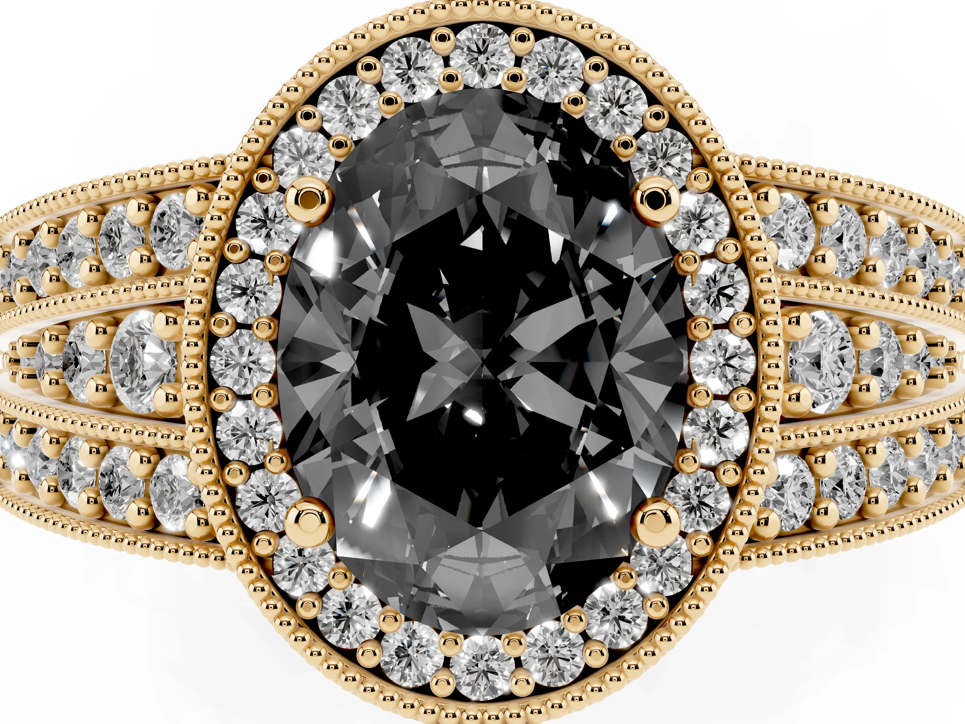 Fancy Black Oval Cut Diamond Halo Ring Set in Yellow gold with Accent Split Shank and Prong Setting