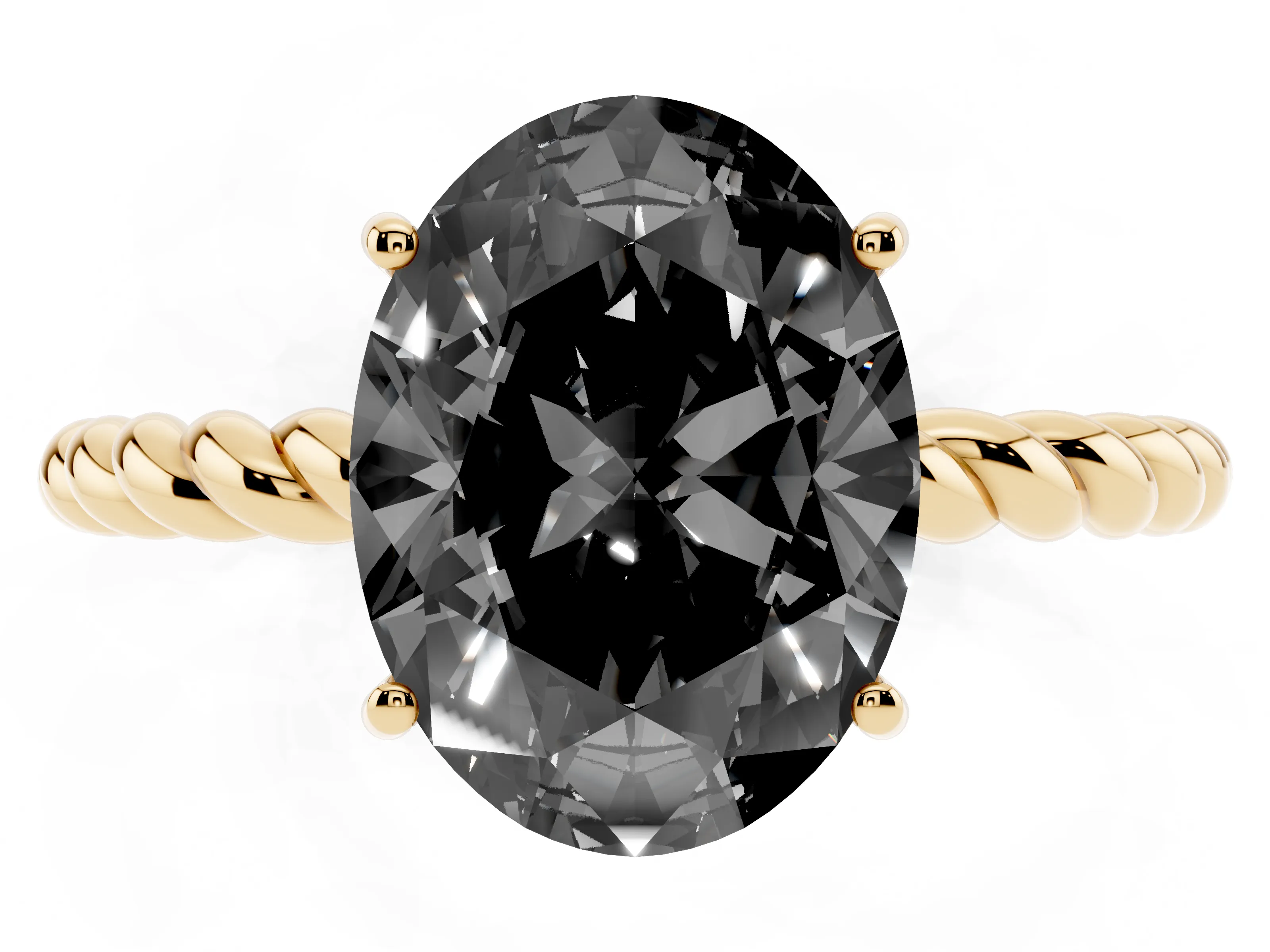 Fancy Black Oval Cut Diamond Solitaire Twisted Band Ring Set in Yellow gold with Prong Solitaire Setting