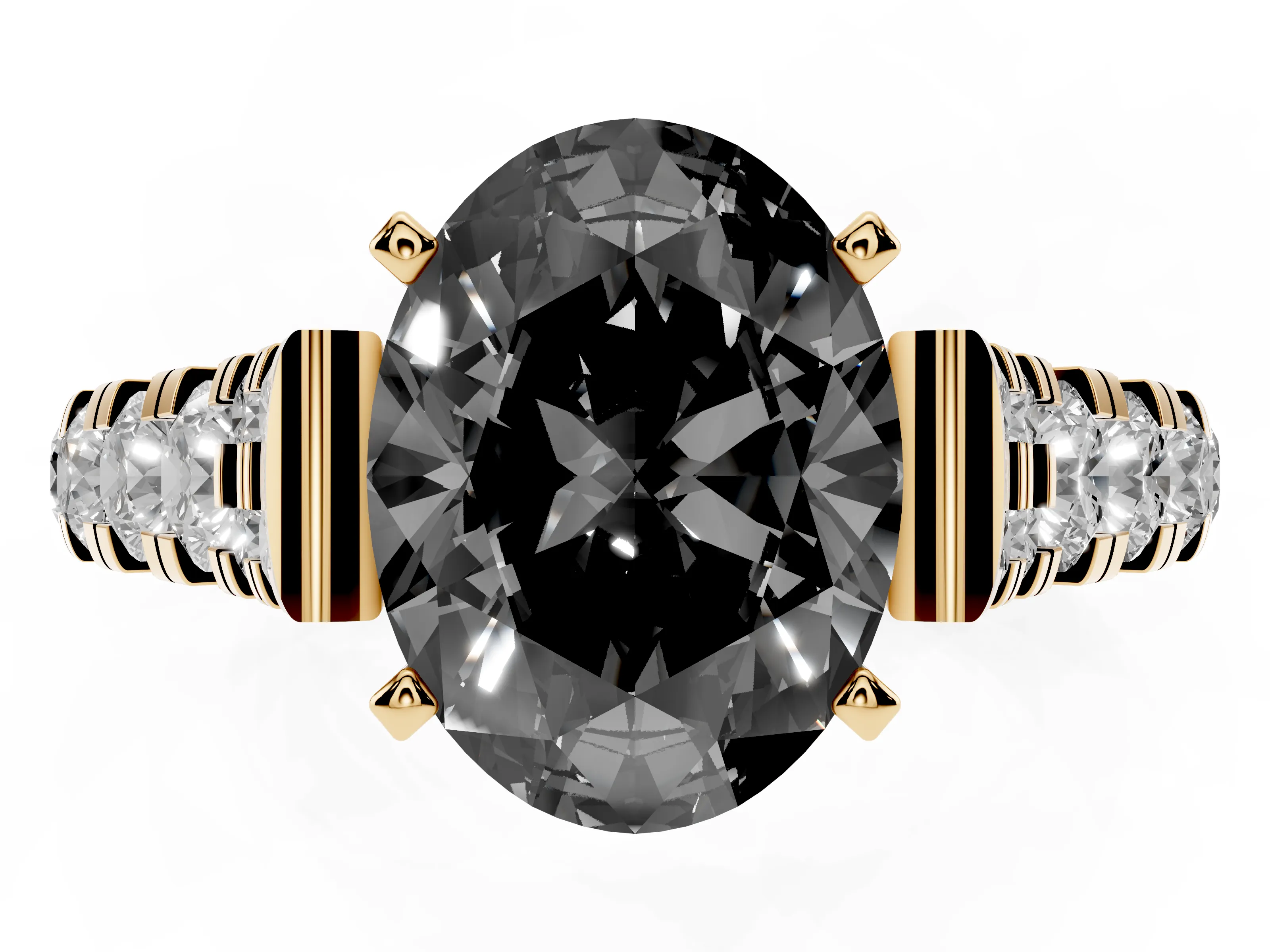 Fancy Black Oval Cut Diamond Classic Solitaire Ring Set in Yellow gold with Pavé Band and Prong Setting