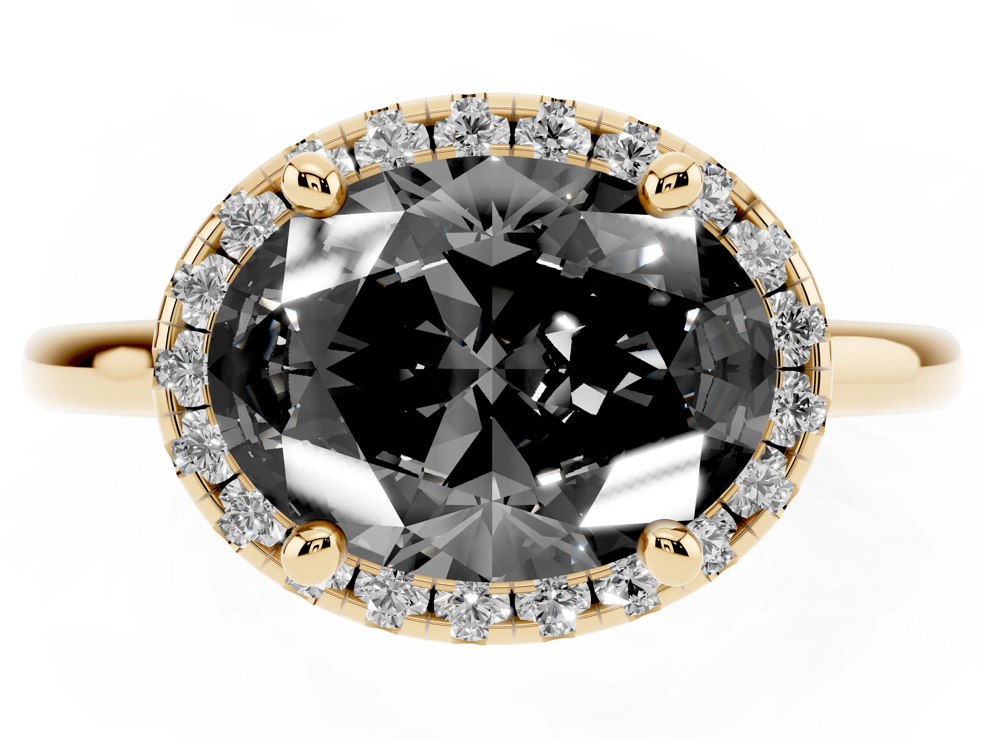 Fancy Black Oval Cut Diamond Halo Engagement Ring Set in Yellow gold with Pavé Band and Rising Shoulders