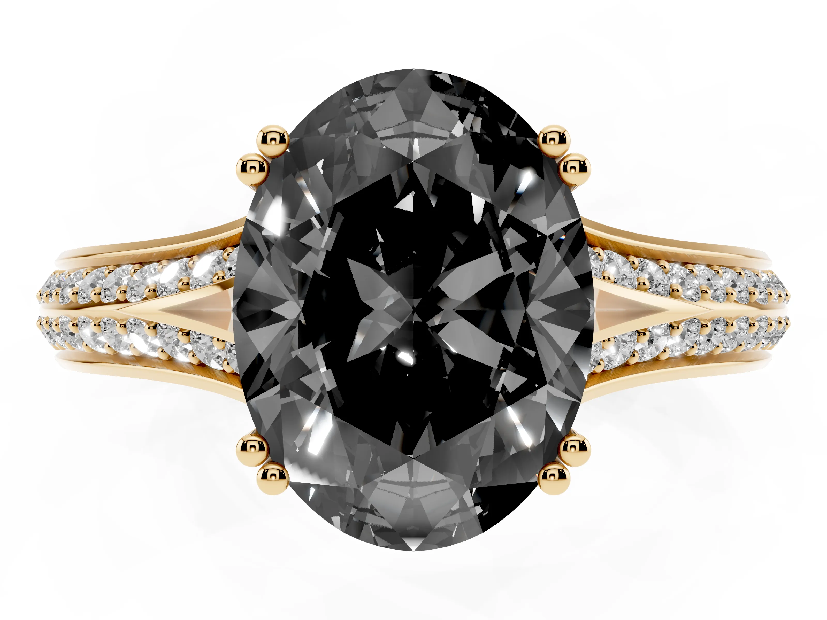 Fancy Black Oval Cut Diamond Split Shank Pavé Engagement Ring Set in Yellow gold with Prong-Set Center Stone