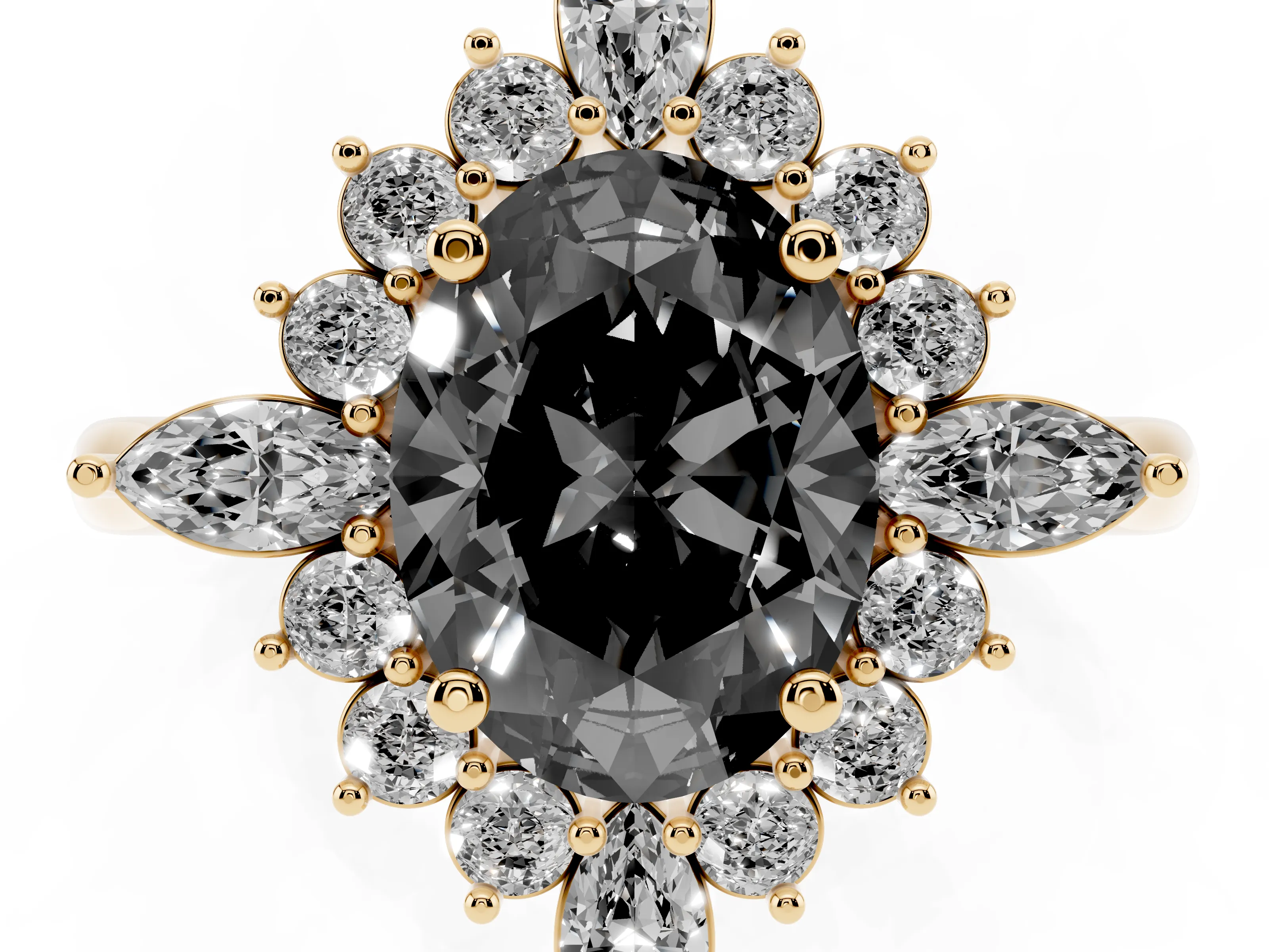 Fancy Black Oval Cut Diamond Cluster Halo Ring Set in Yellow gold with Marquise and Round Accents