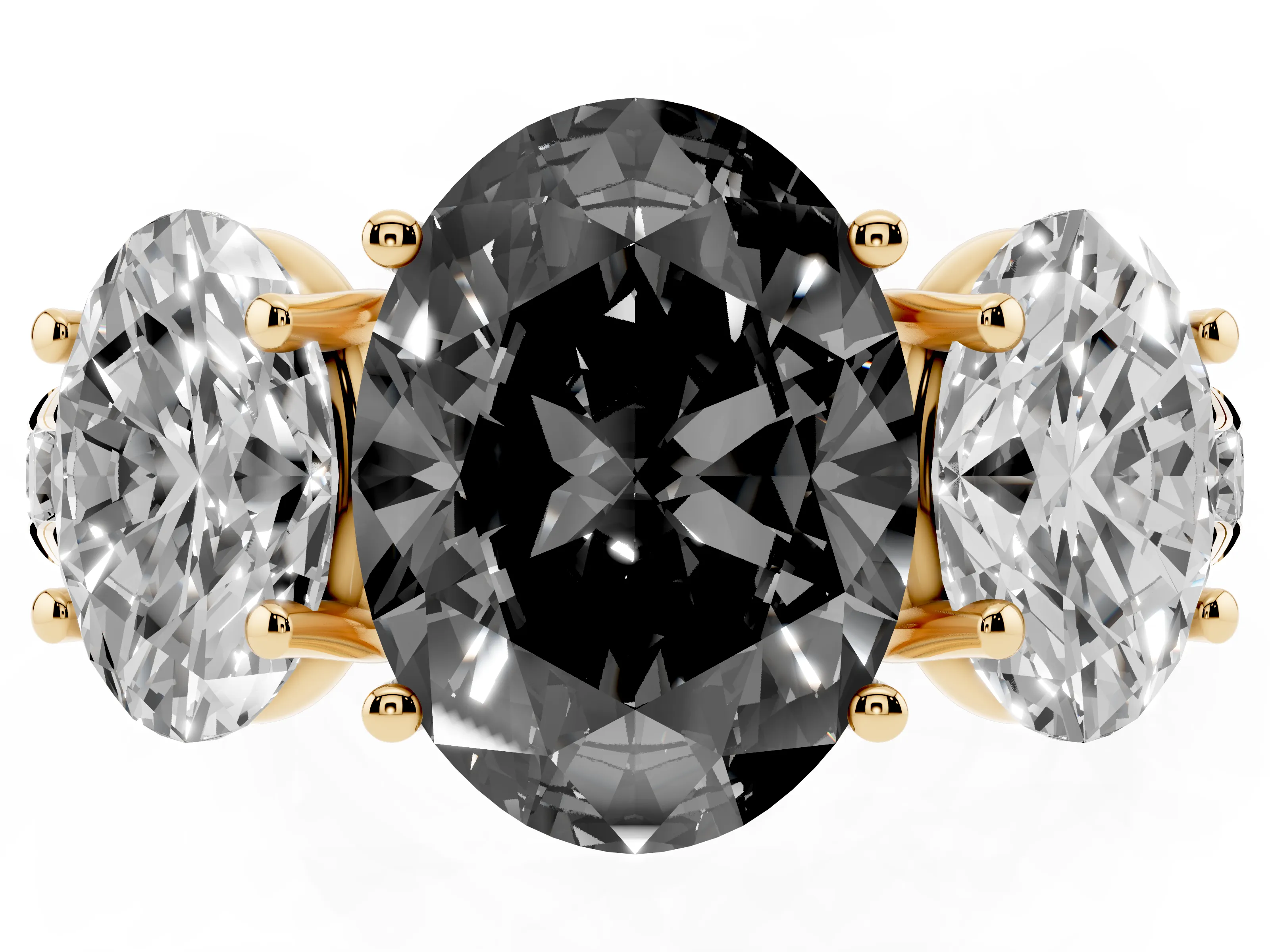 Fancy Black Oval Cut Diamond Three-Stone Ring Set in Yellow gold with Pavé Band