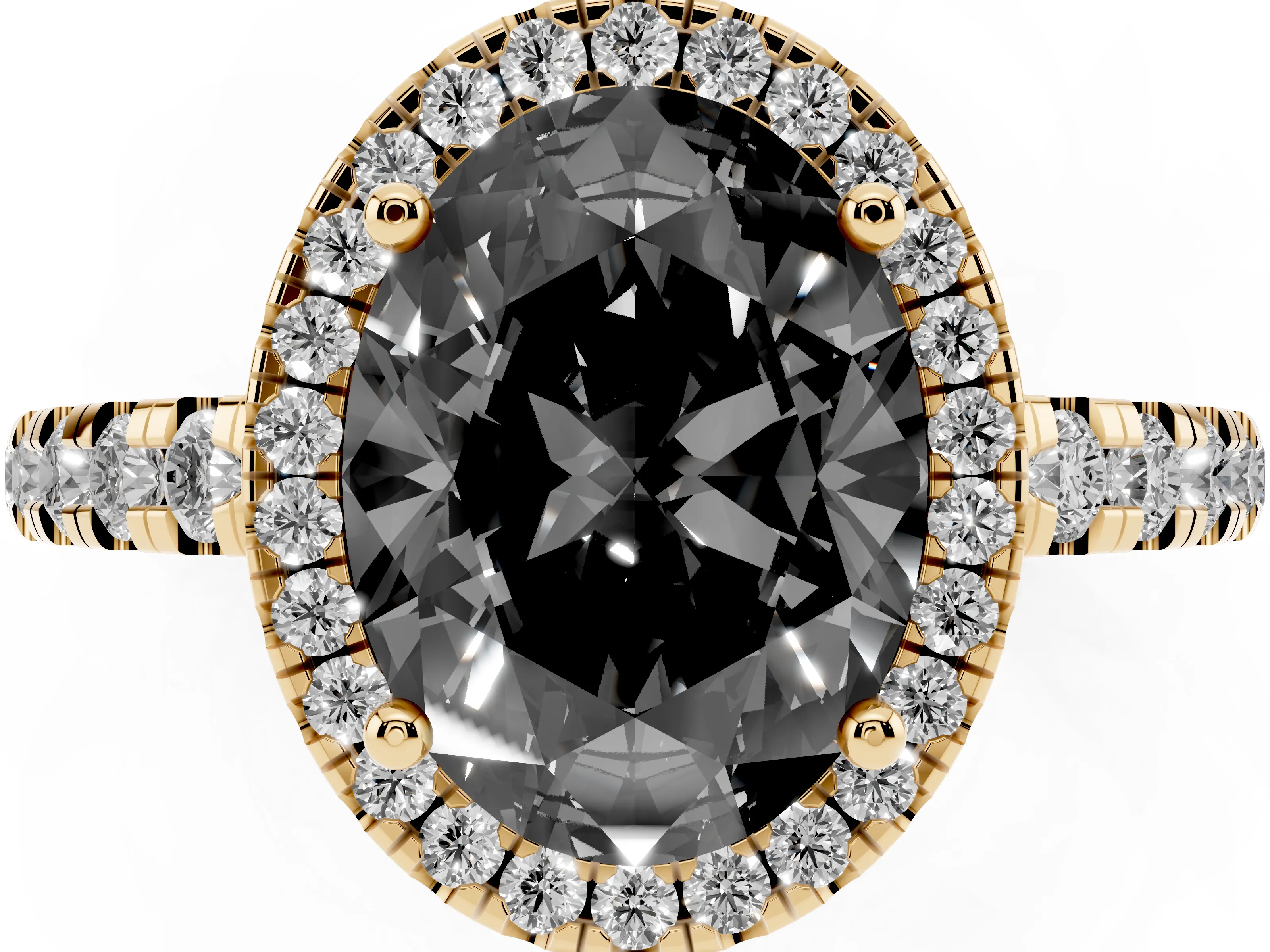 Fancy Black Oval Cut Diamond Halo Ring Set in Yellow gold with Delicate Pavé Band and Prong Setting