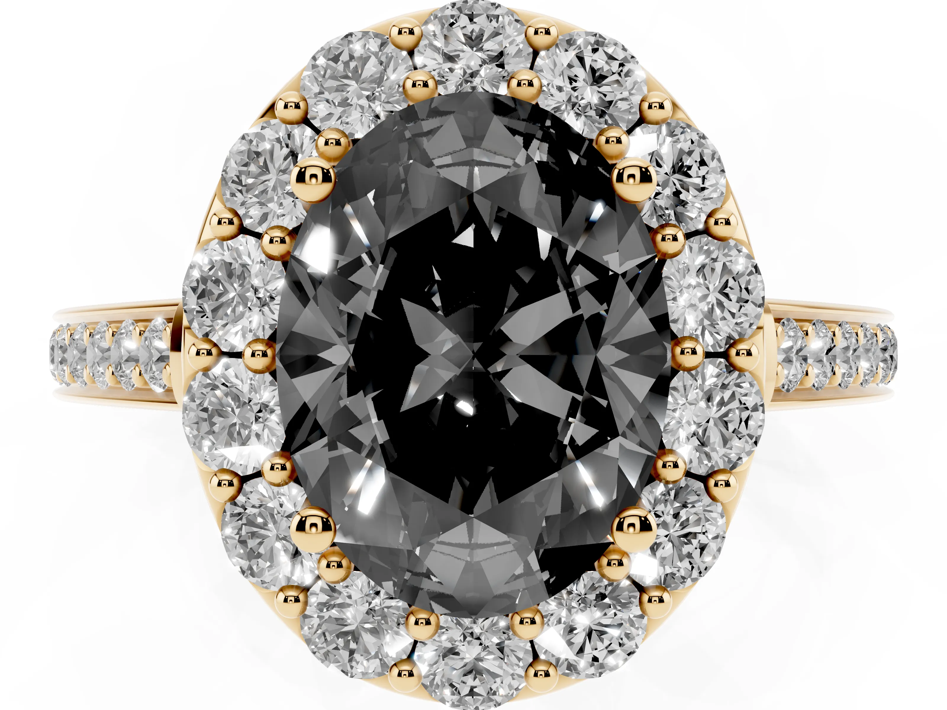 Fancy Black Oval Cut Diamond Floral Halo Ring Set in Yellow gold with Pavé Band and Prong Setting